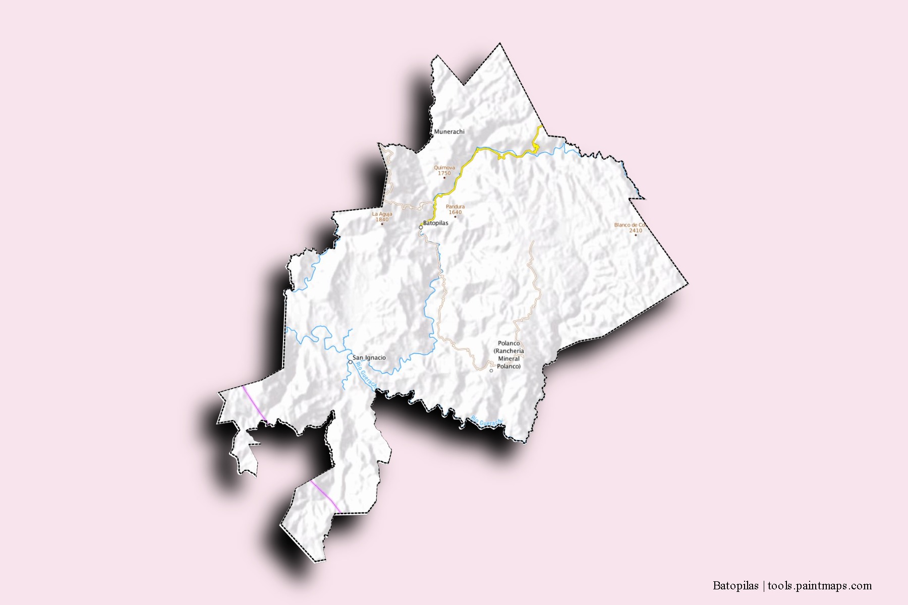 Mapa de barrios y pueblos de Batopilas con efecto de sombra 3D