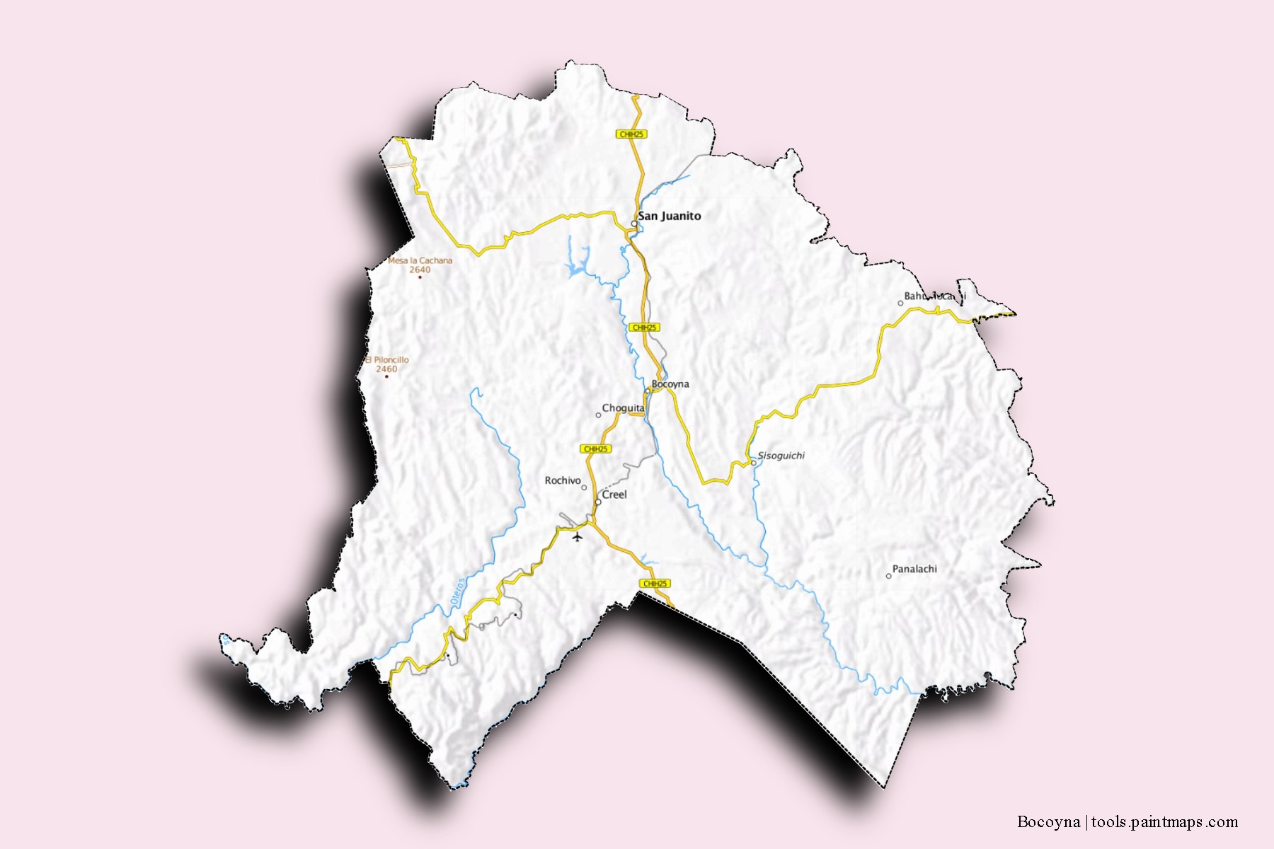 Mapa de barrios y pueblos de Bocoyna con efecto de sombra 3D