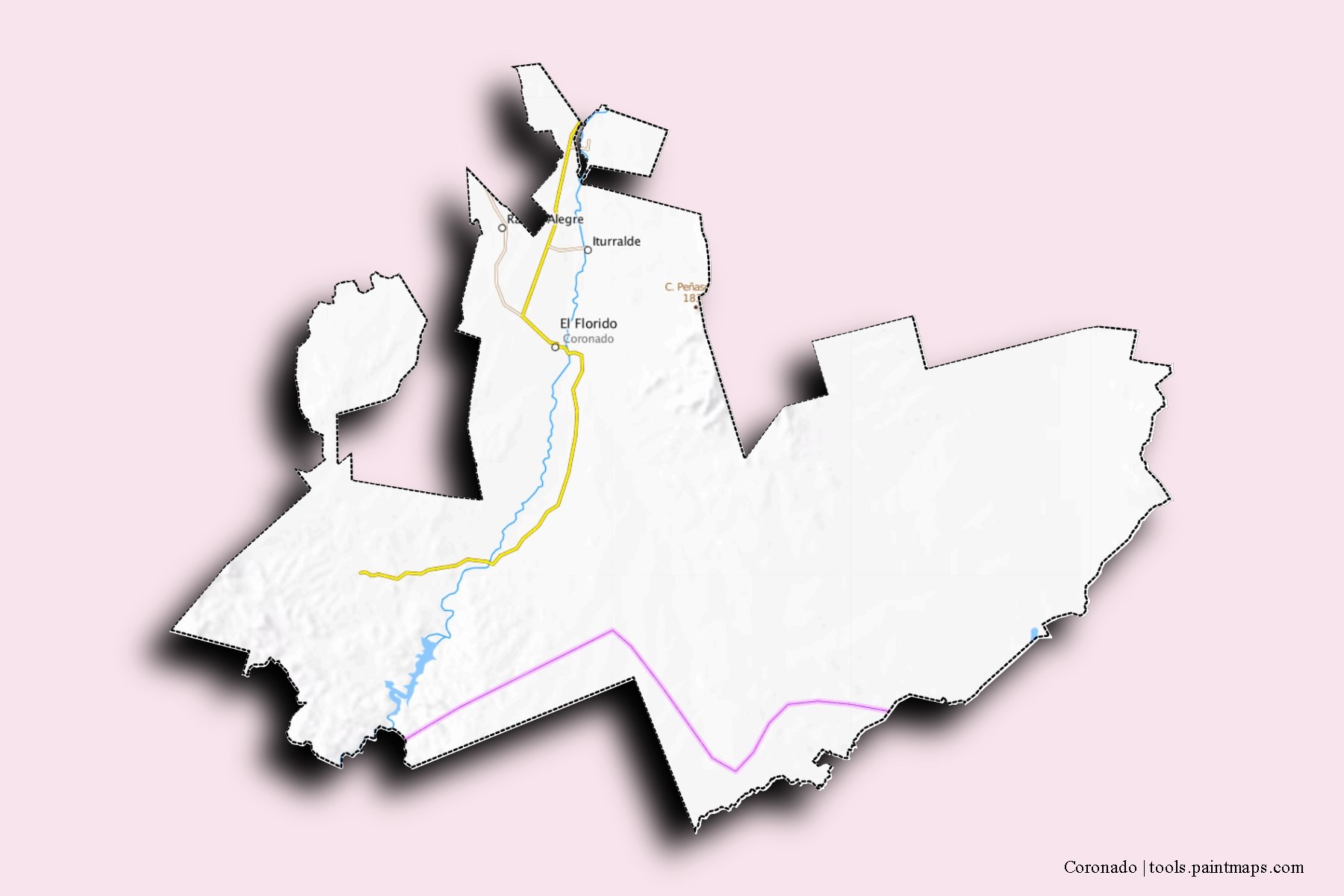 Mapa de barrios y pueblos de Coronado con efecto de sombra 3D