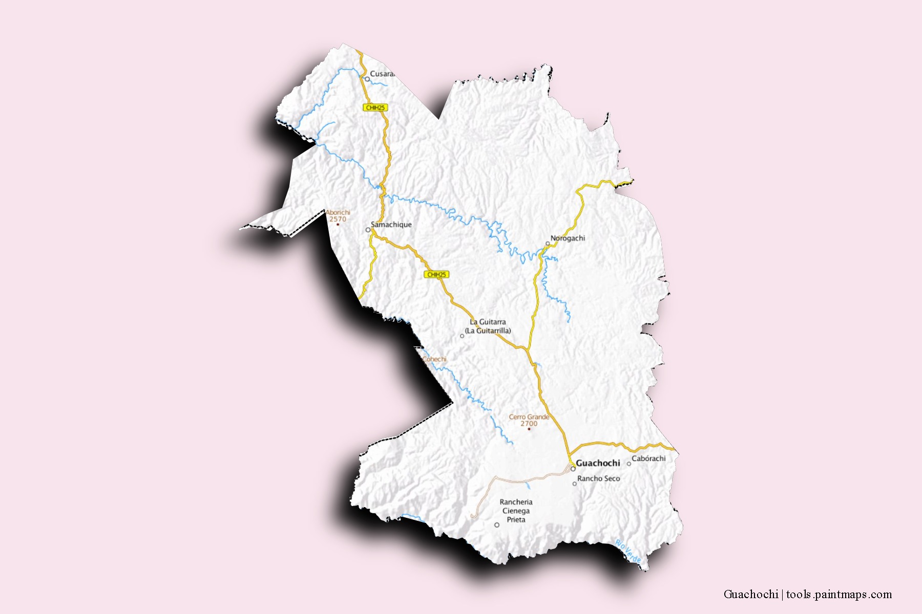 Mapa de barrios y pueblos de Guachochi con efecto de sombra 3D