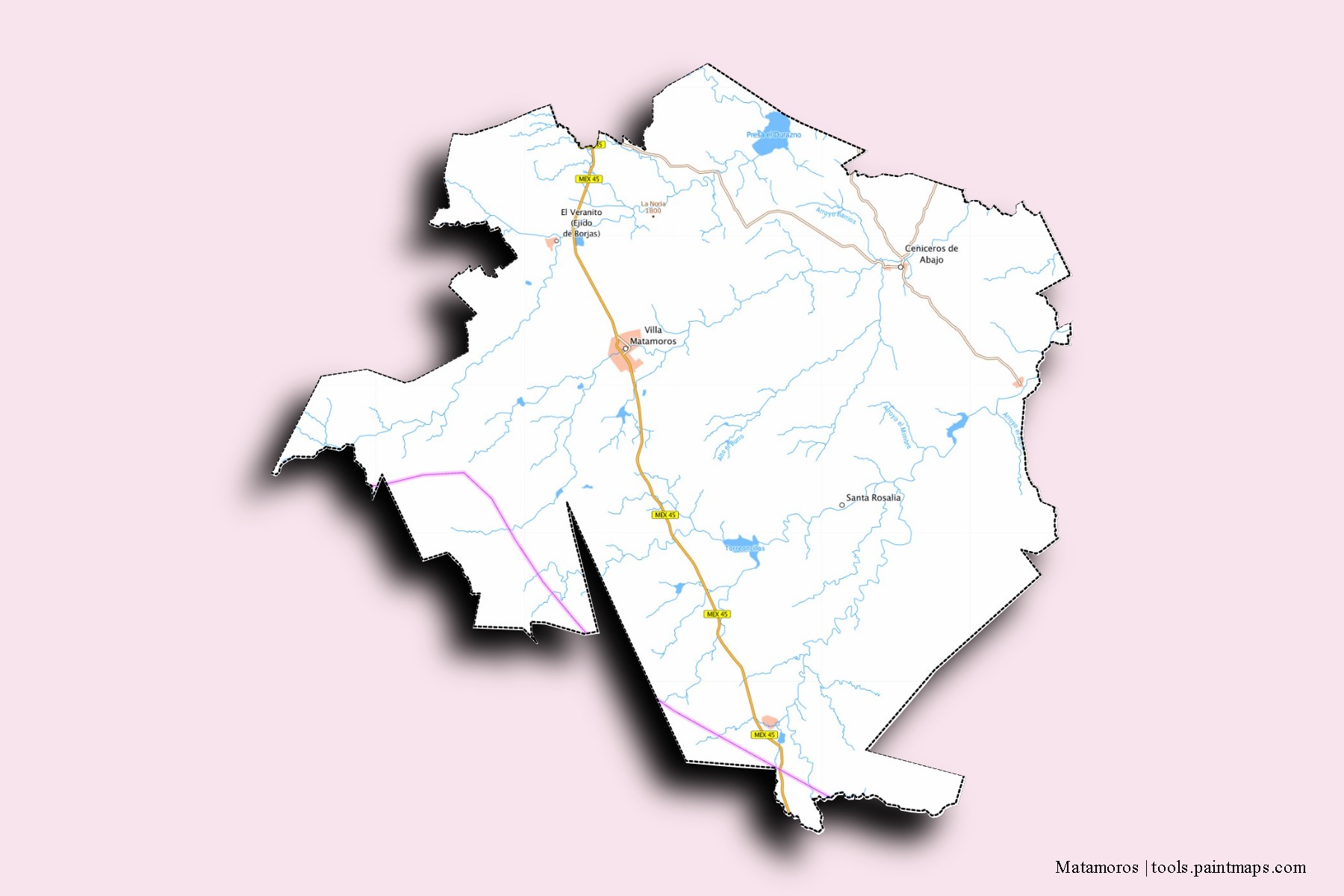 Matamoros neighborhoods and villages map with 3D shadow effect