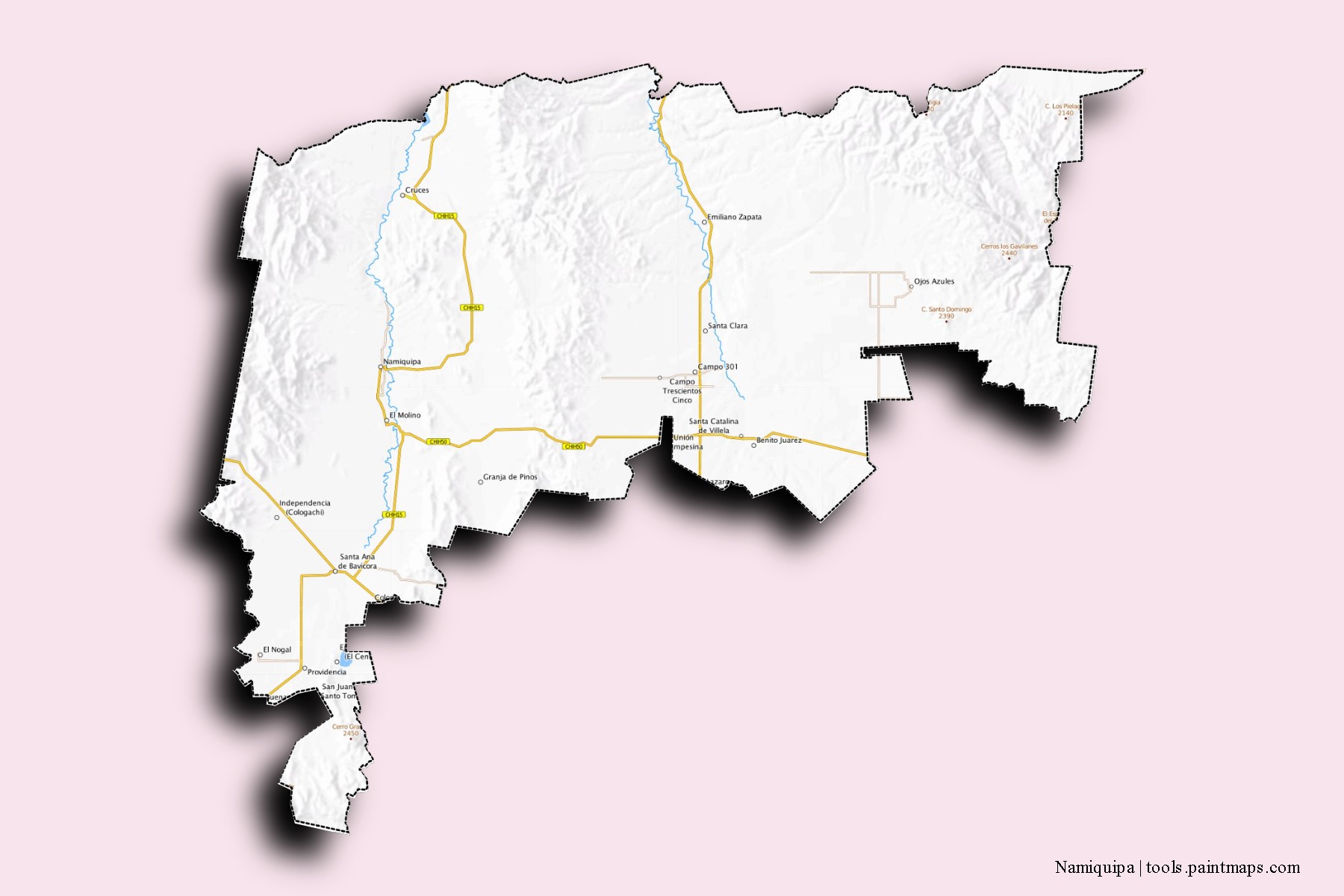 Mapa de barrios y pueblos de Namiquipa con efecto de sombra 3D