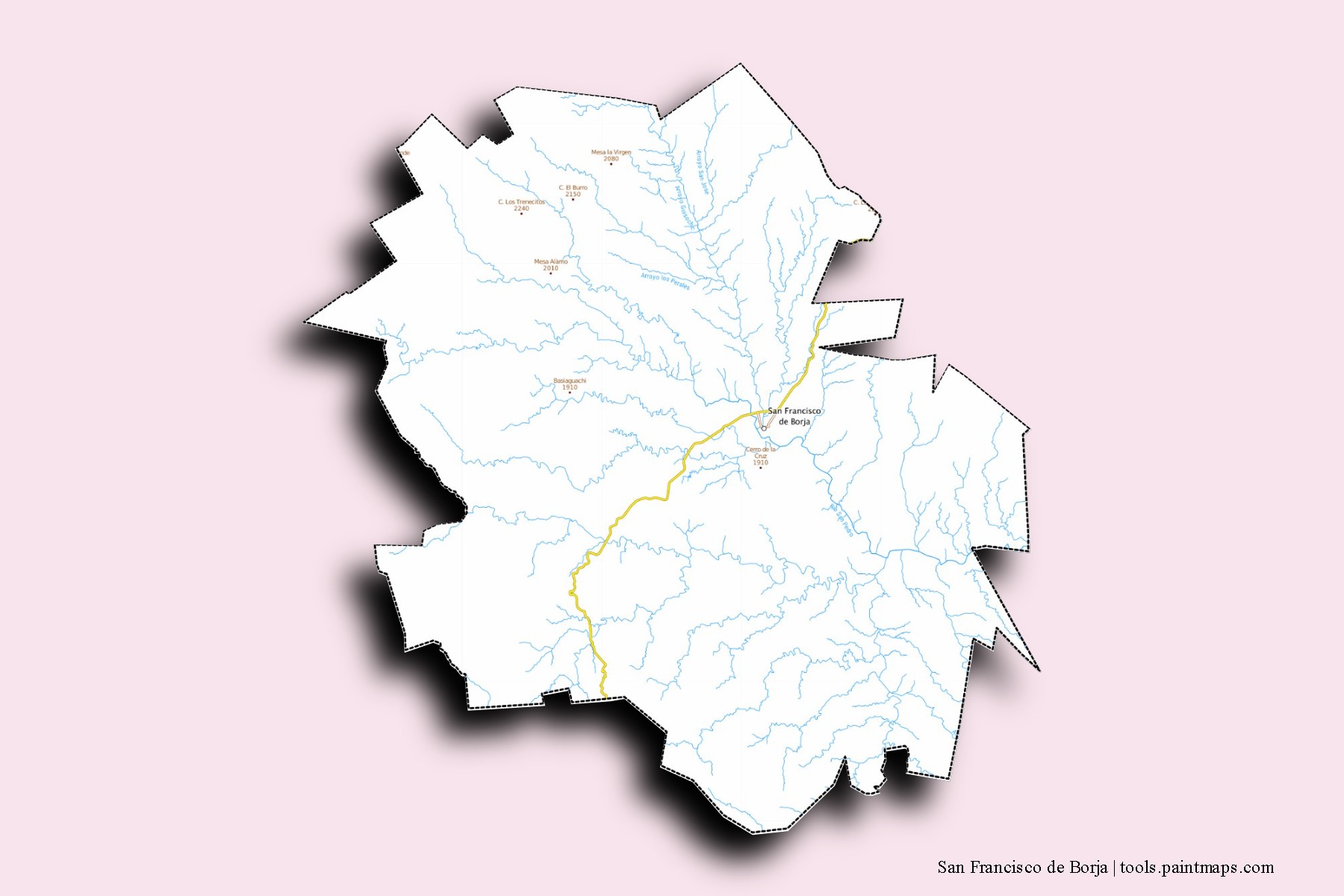 Mapa de barrios y pueblos de San Francisco de Borja con efecto de sombra 3D