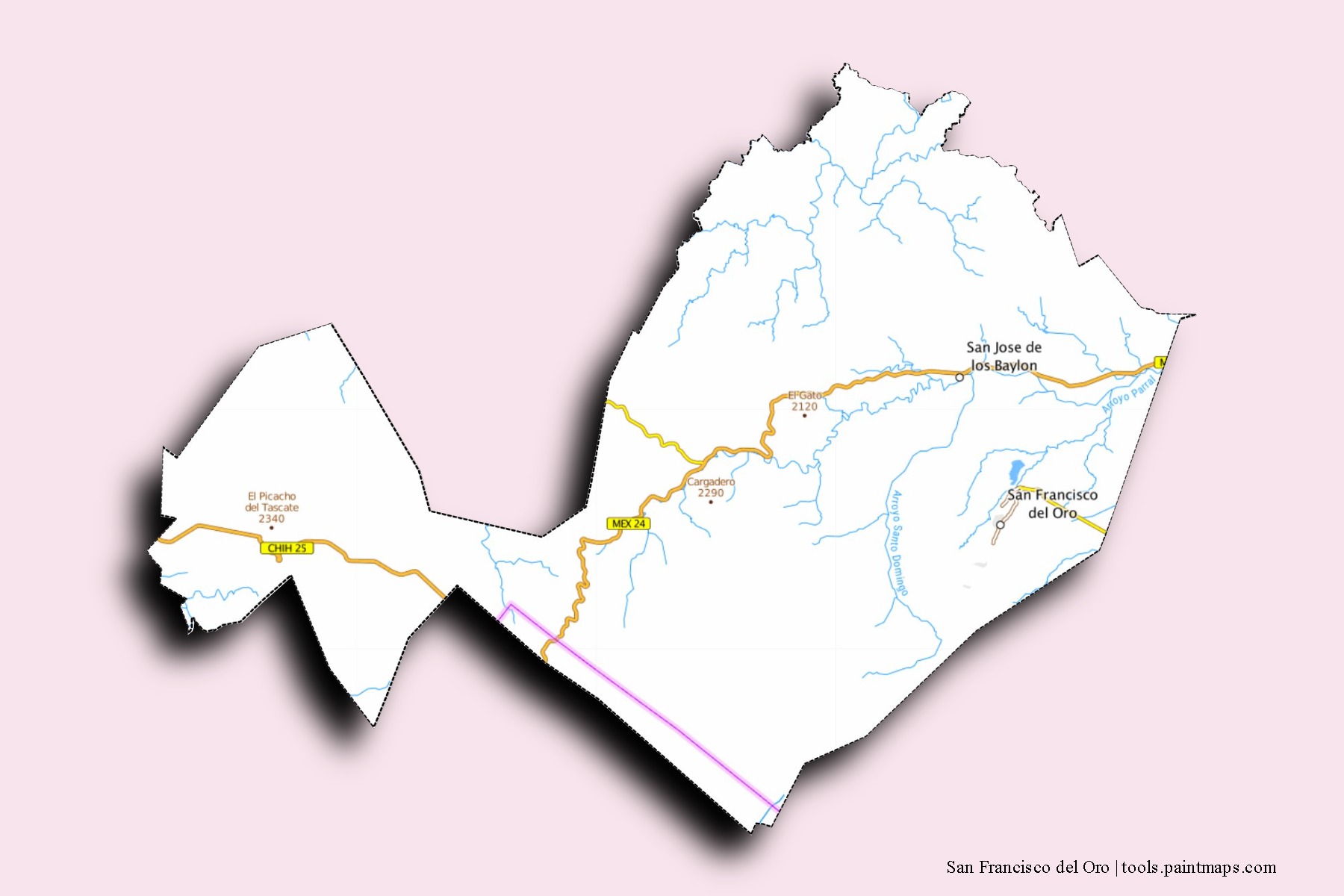 Mapa de barrios y pueblos de San Francisco del Oro con efecto de sombra 3D