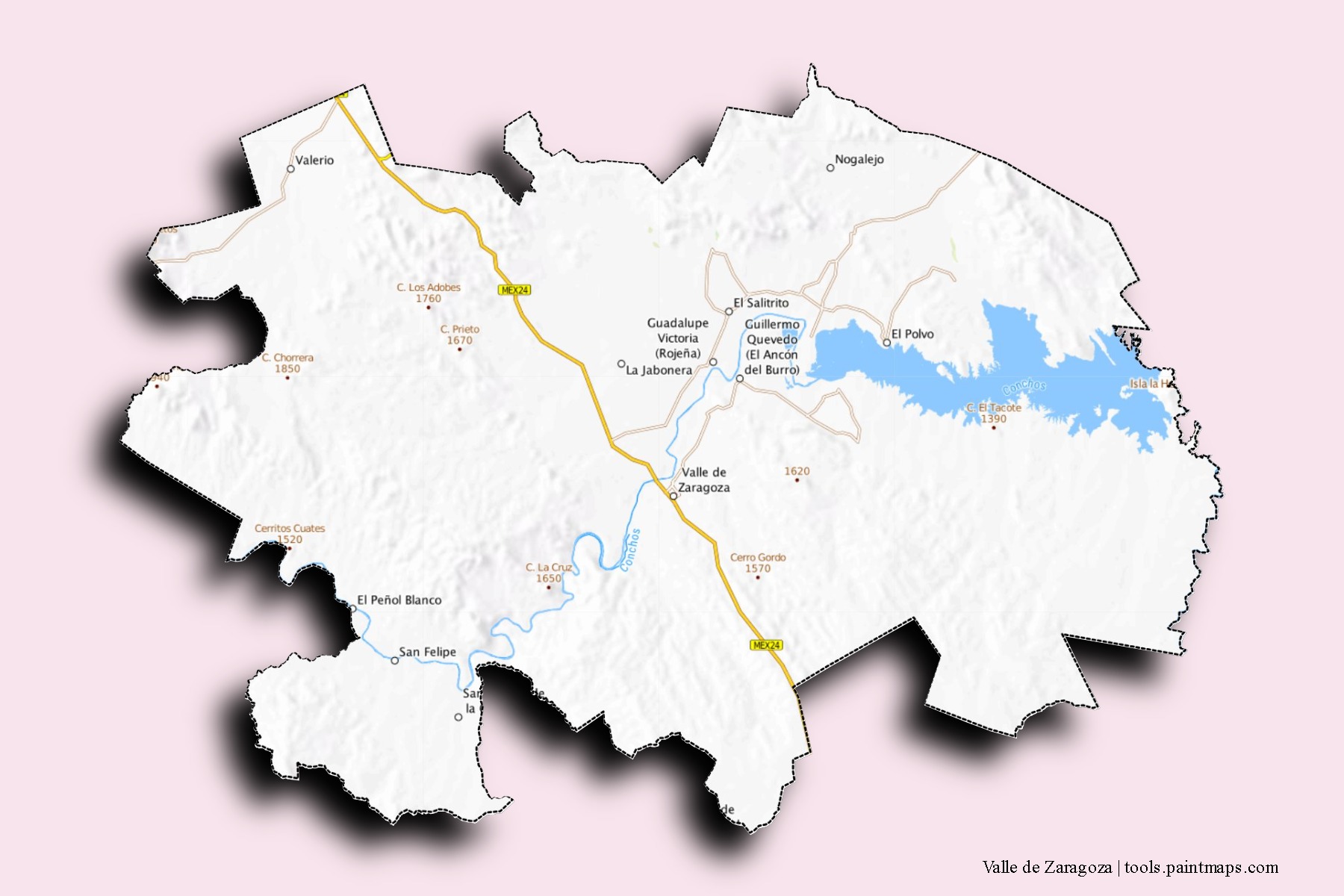 Valle de Zaragoza neighborhoods and villages map with 3D shadow effect