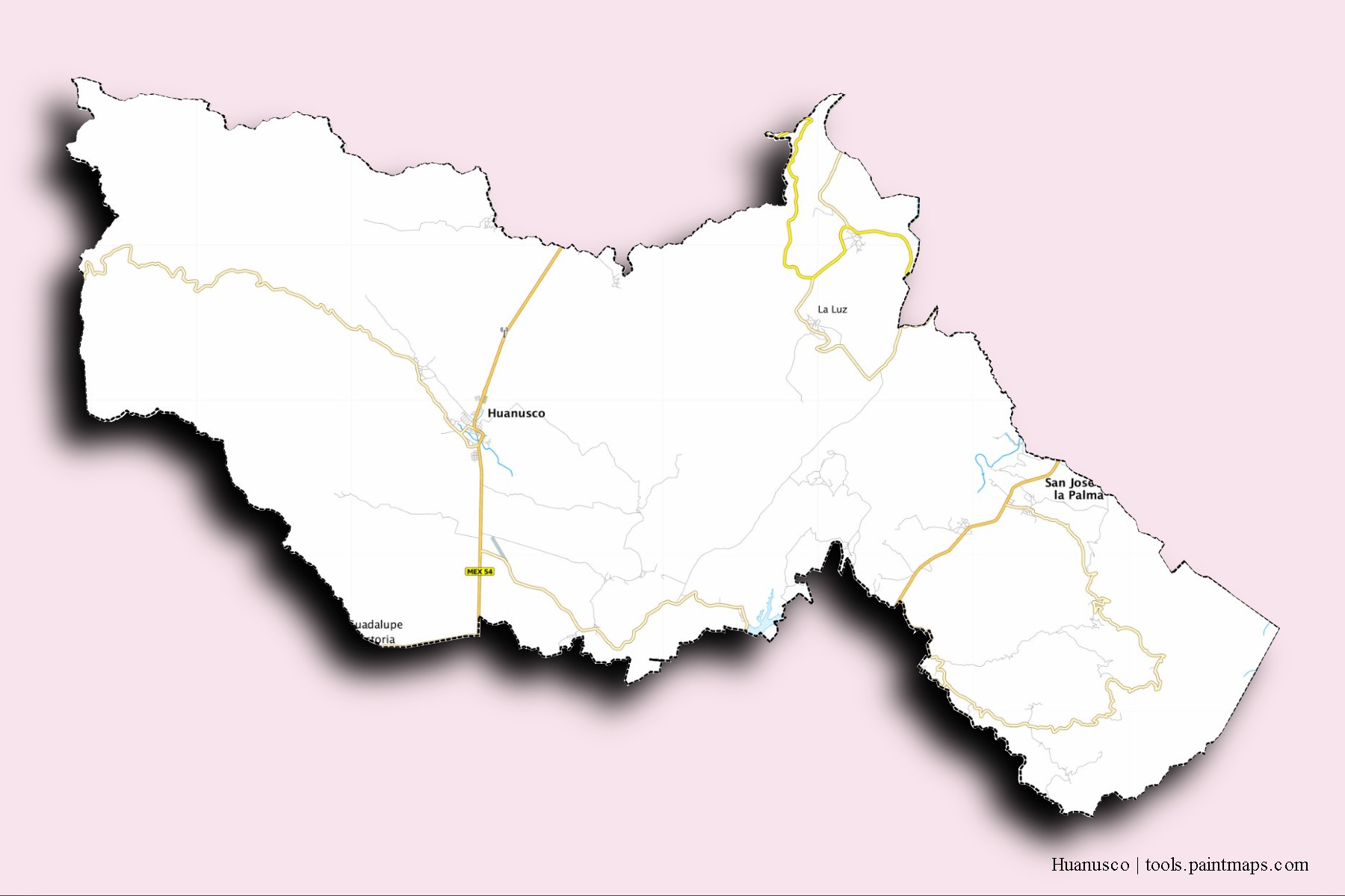 Mapa de barrios y pueblos de Huanusco con efecto de sombra 3D