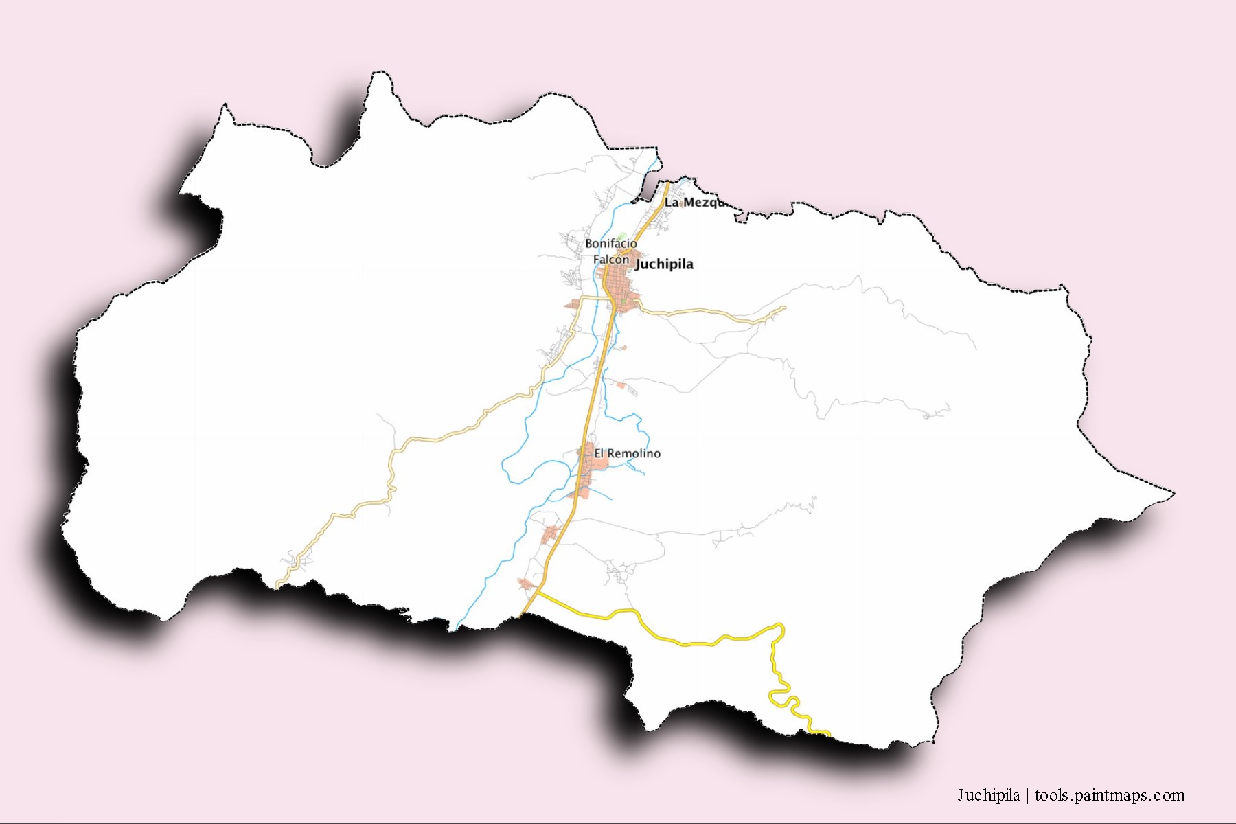 3D gölge efektli Juchipila mahalleleri ve köyleri haritası