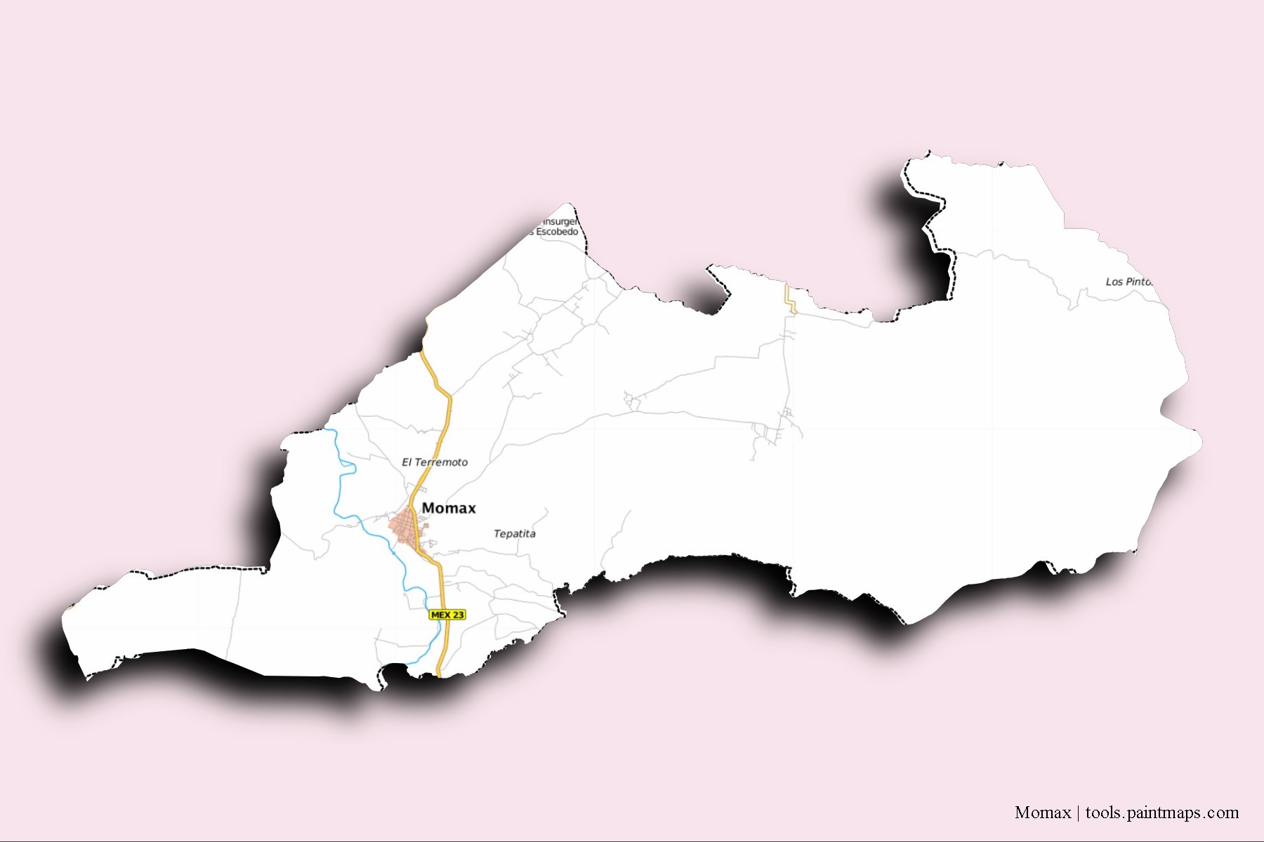 Mapa de barrios y pueblos de Momax con efecto de sombra 3D