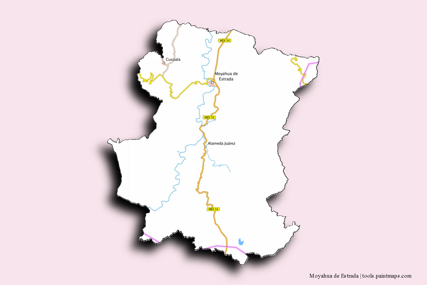 Mapa de barrios y pueblos de Moyahua de Estrada con efecto de sombra 3D