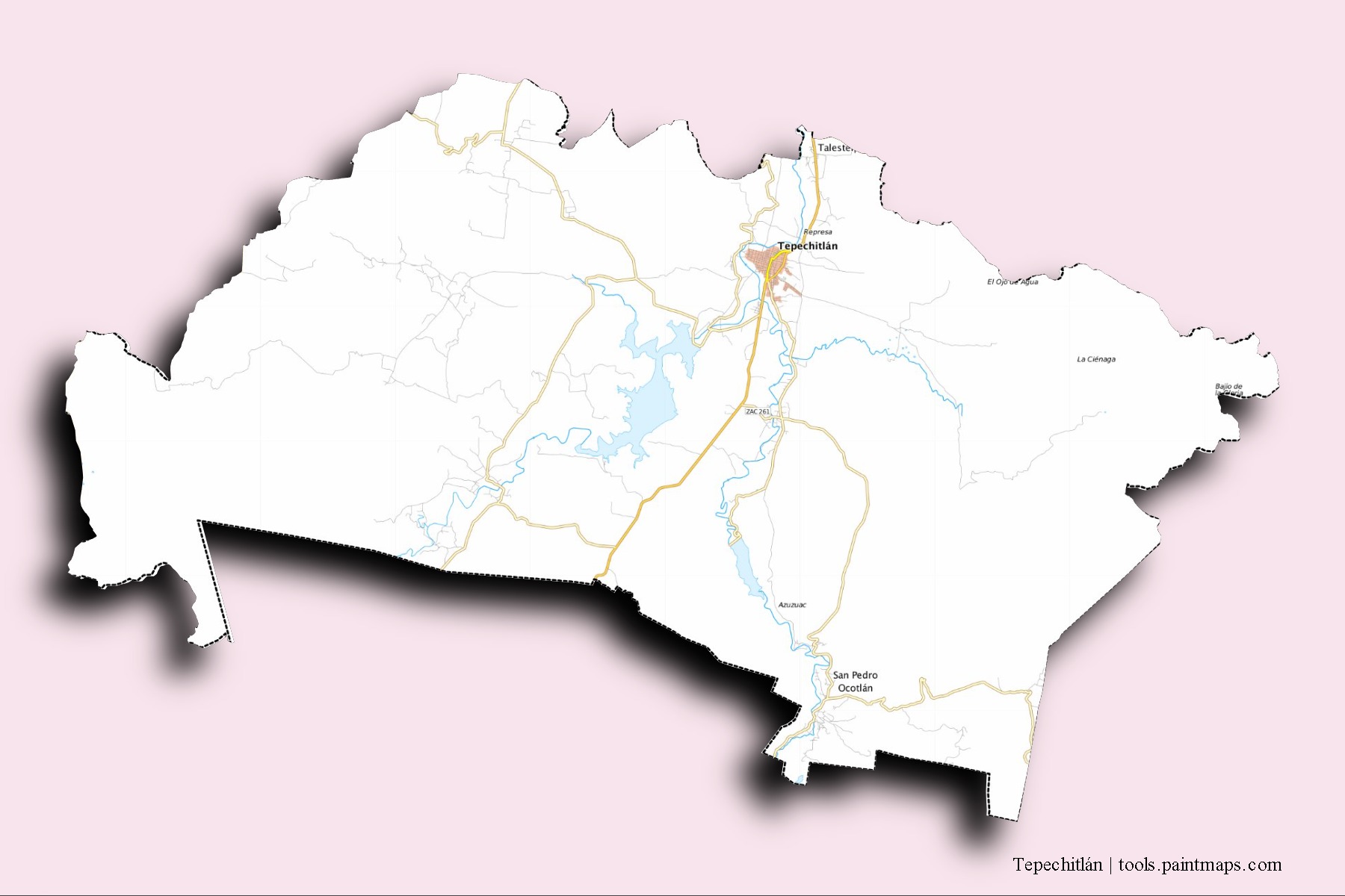 Mapa de barrios y pueblos de Tepechitlán con efecto de sombra 3D