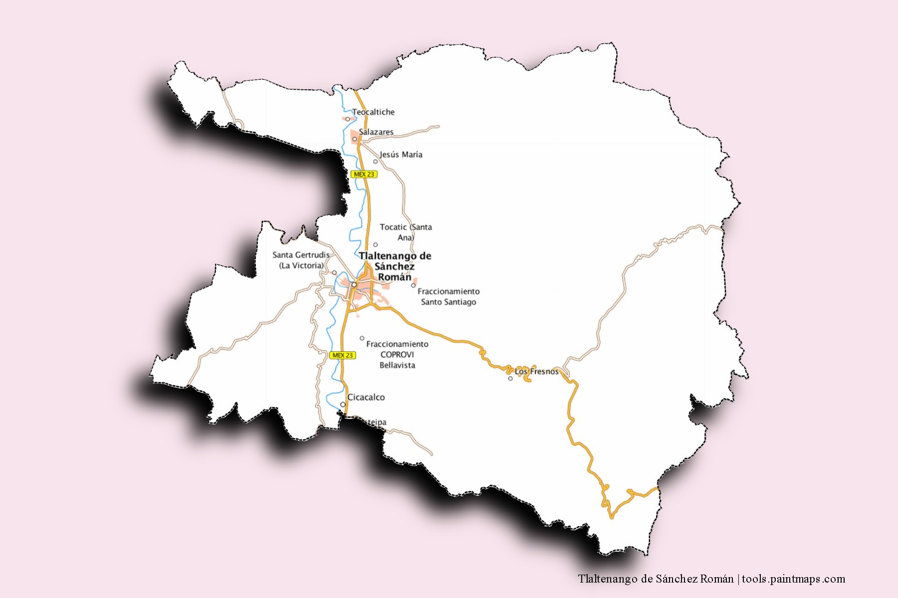 Mapa de barrios y pueblos de Tlaltenango de Sánchez Román con efecto de sombra 3D