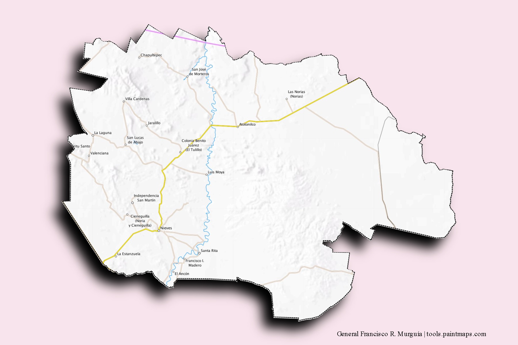 Mapa de barrios y pueblos de General Francisco R. Murguía con efecto de sombra 3D