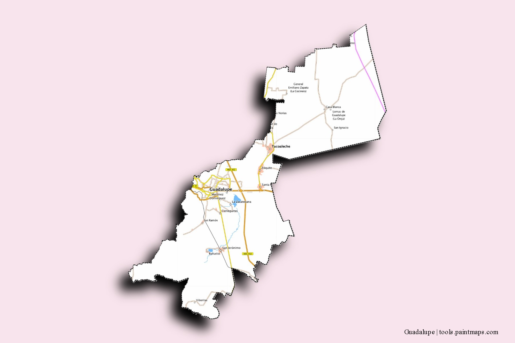 Mapa de barrios y pueblos de Guadalupe con efecto de sombra 3D