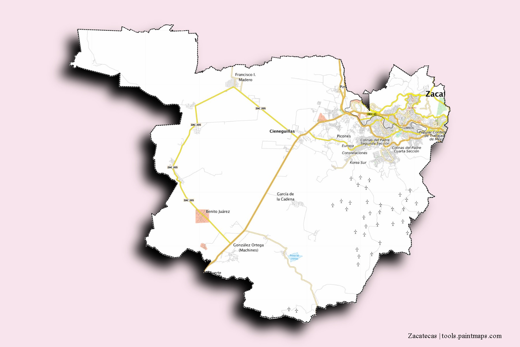 3D gölge efektli Zacatecas mahalleleri ve köyleri haritası