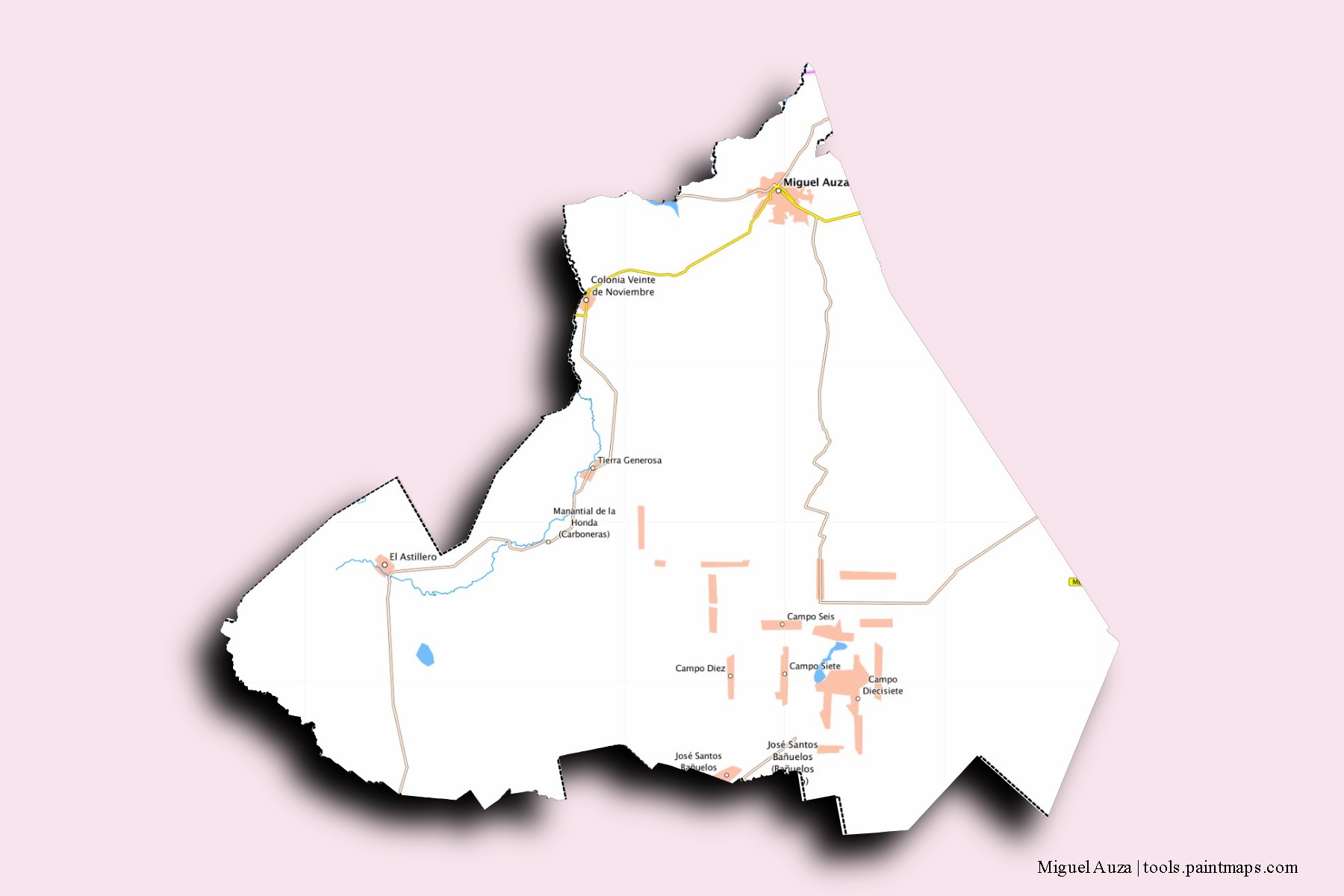 Miguel Auza neighborhoods and villages map with 3D shadow effect