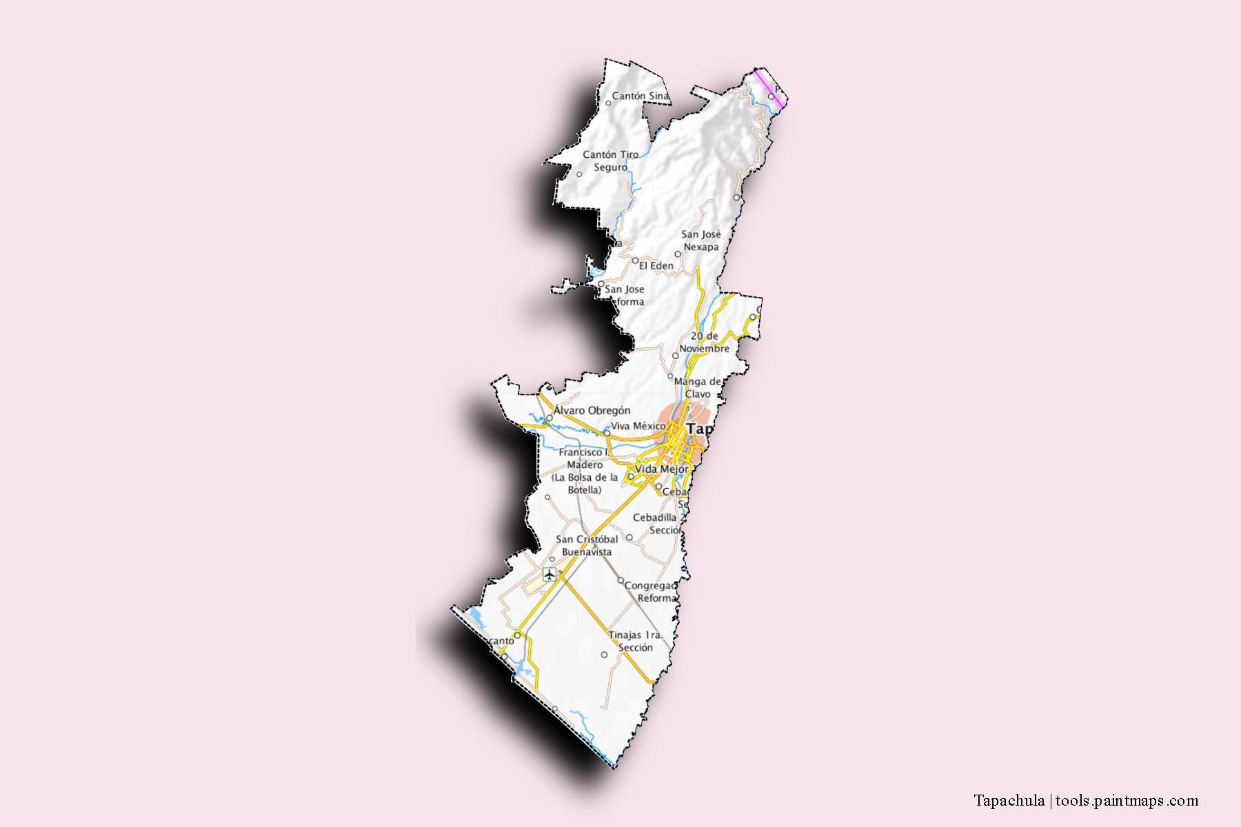 Mapa de barrios y pueblos de Tapachula con efecto de sombra 3D