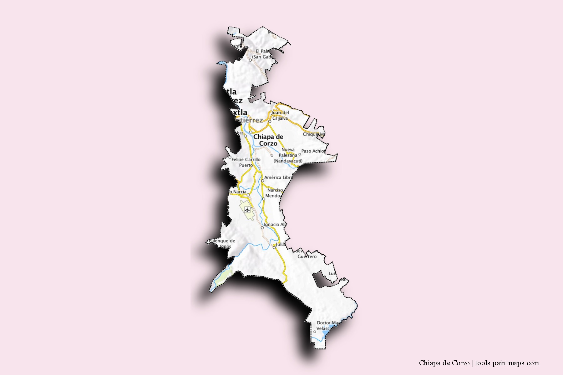 Mapa de barrios y pueblos de Chiapa de Corzo con efecto de sombra 3D