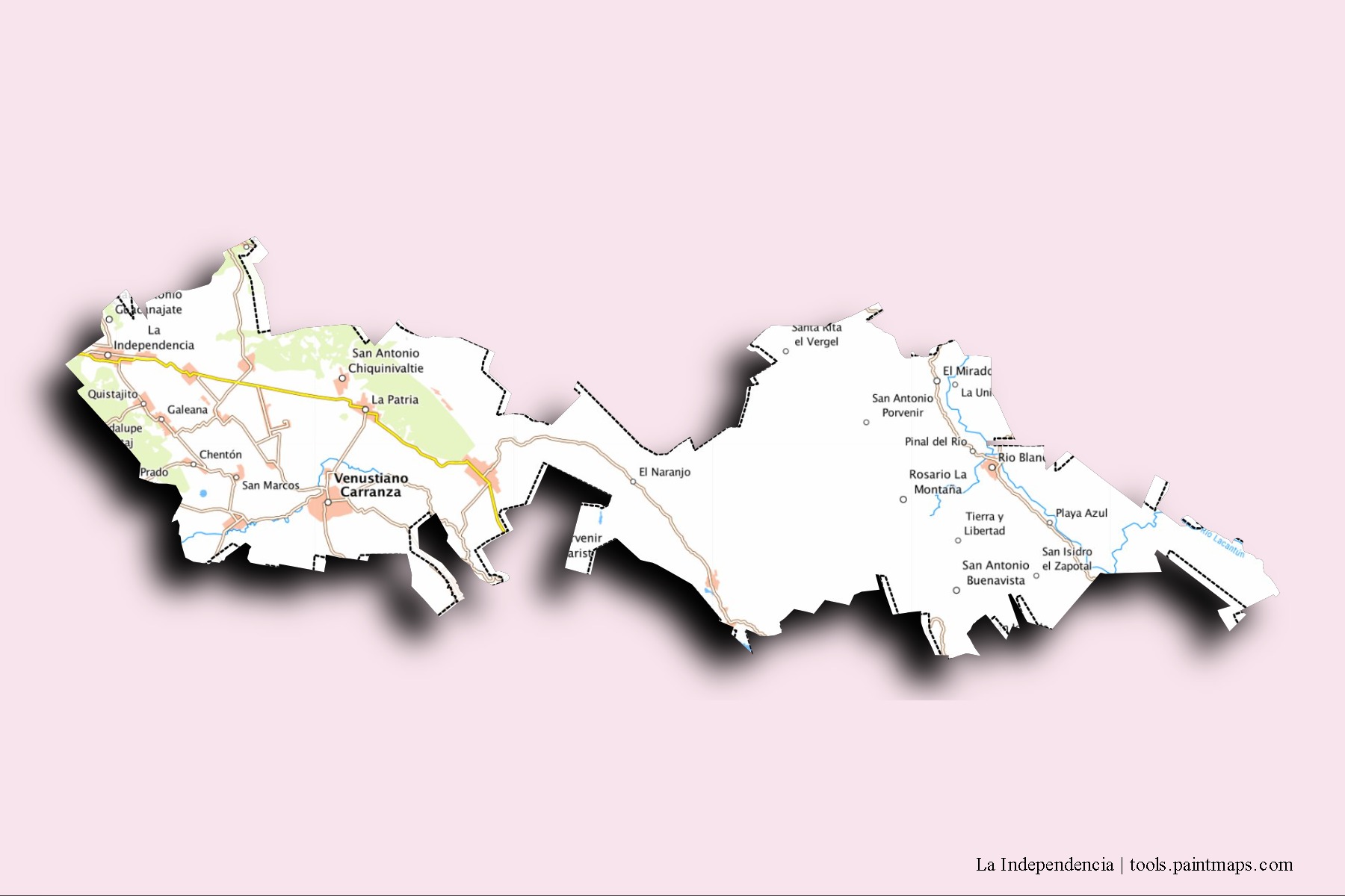 La Independencia neighborhoods and villages map with 3D shadow effect