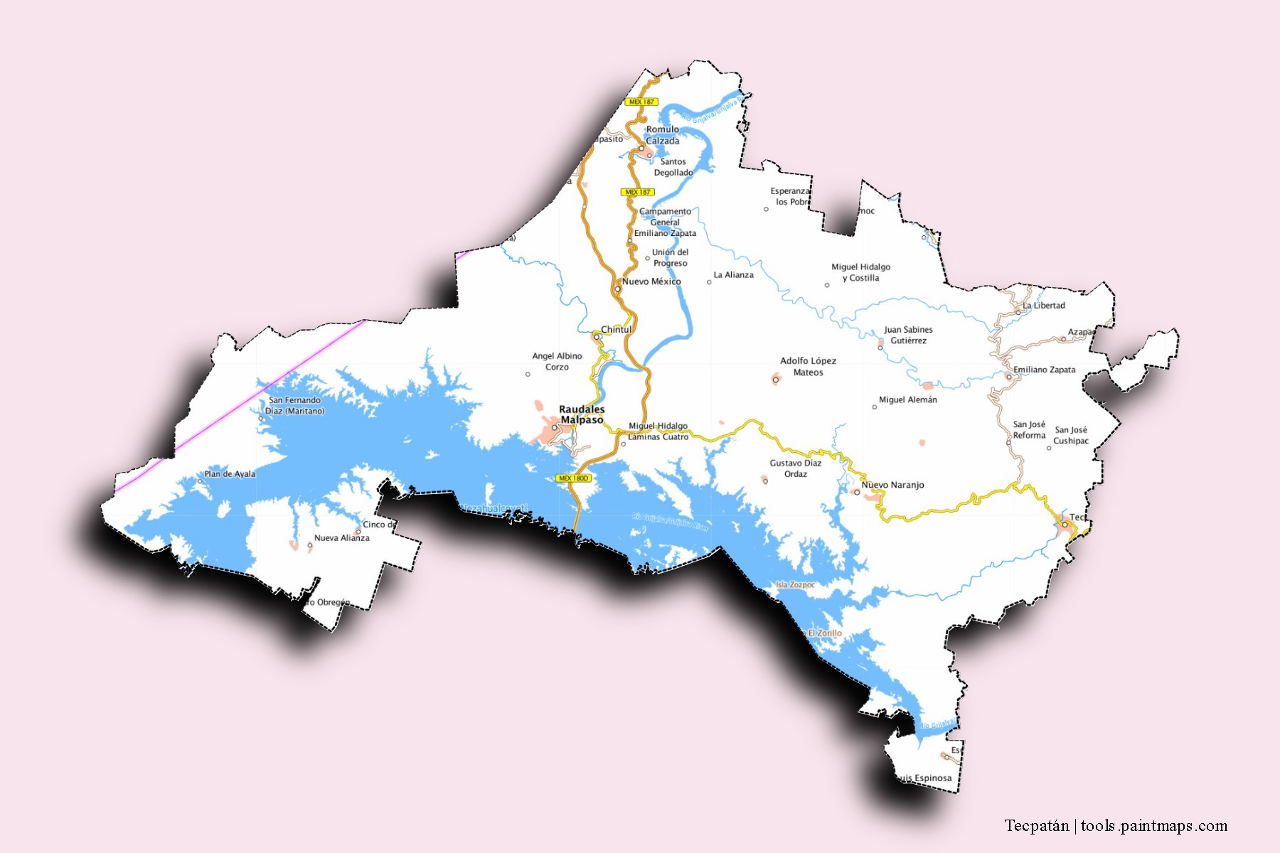 Mapa de barrios y pueblos de Tecpatán con efecto de sombra 3D