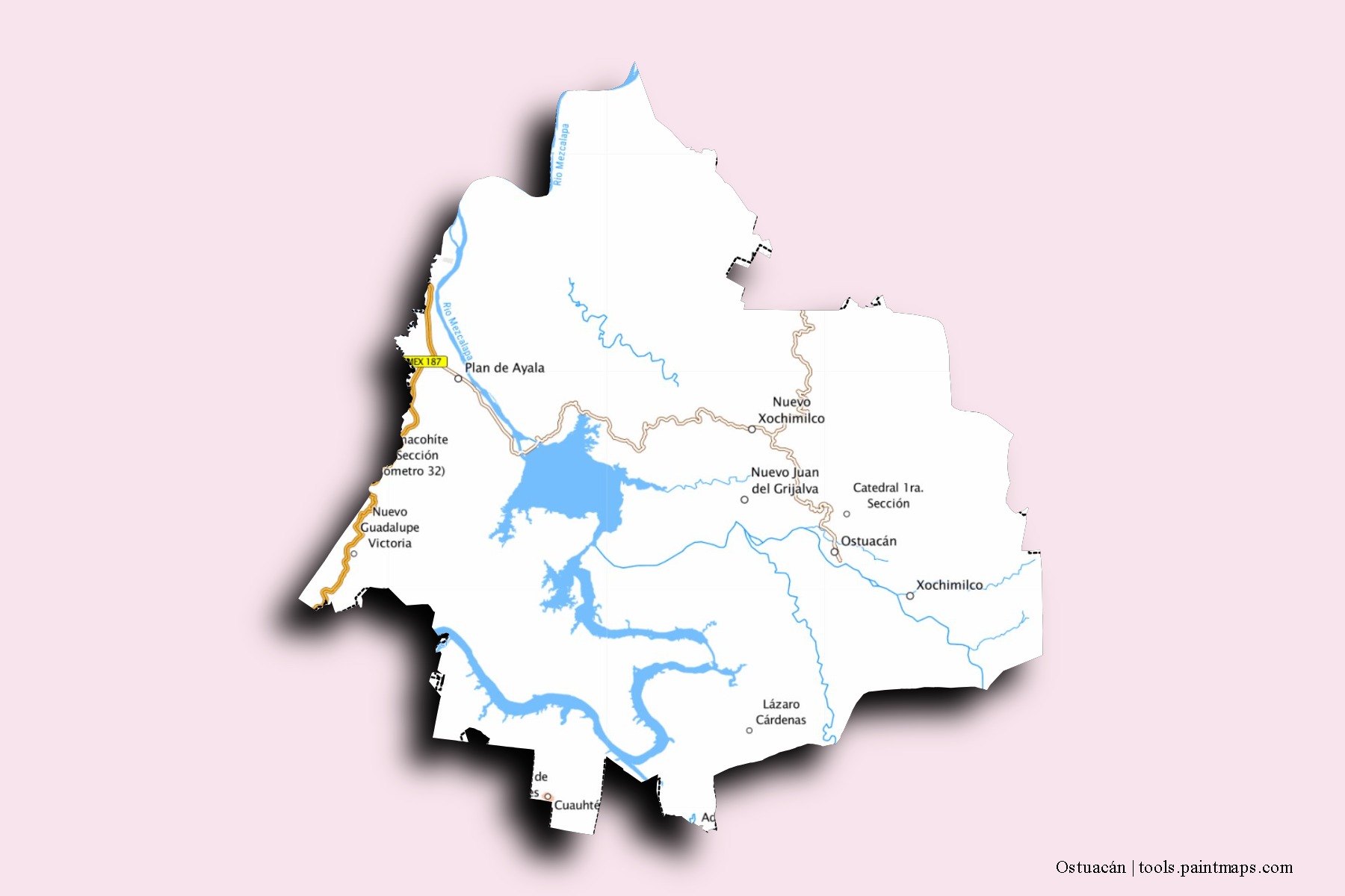 Mapa de barrios y pueblos de Ostuacán con efecto de sombra 3D