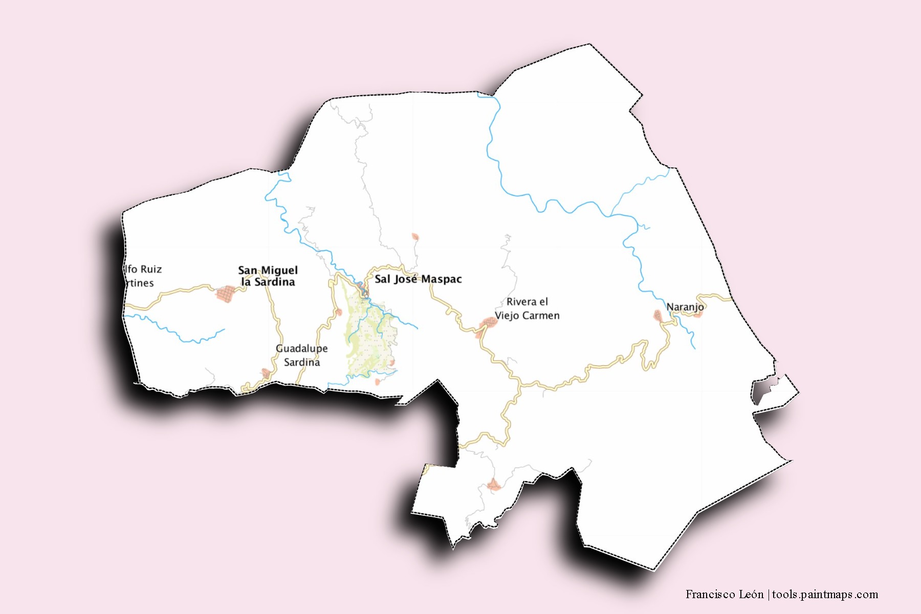 Mapa de barrios y pueblos de Francisco León con efecto de sombra 3D