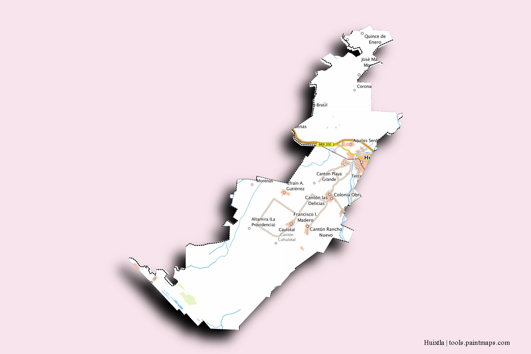 Huixtla neighborhoods and villages map with 3D shadow effect