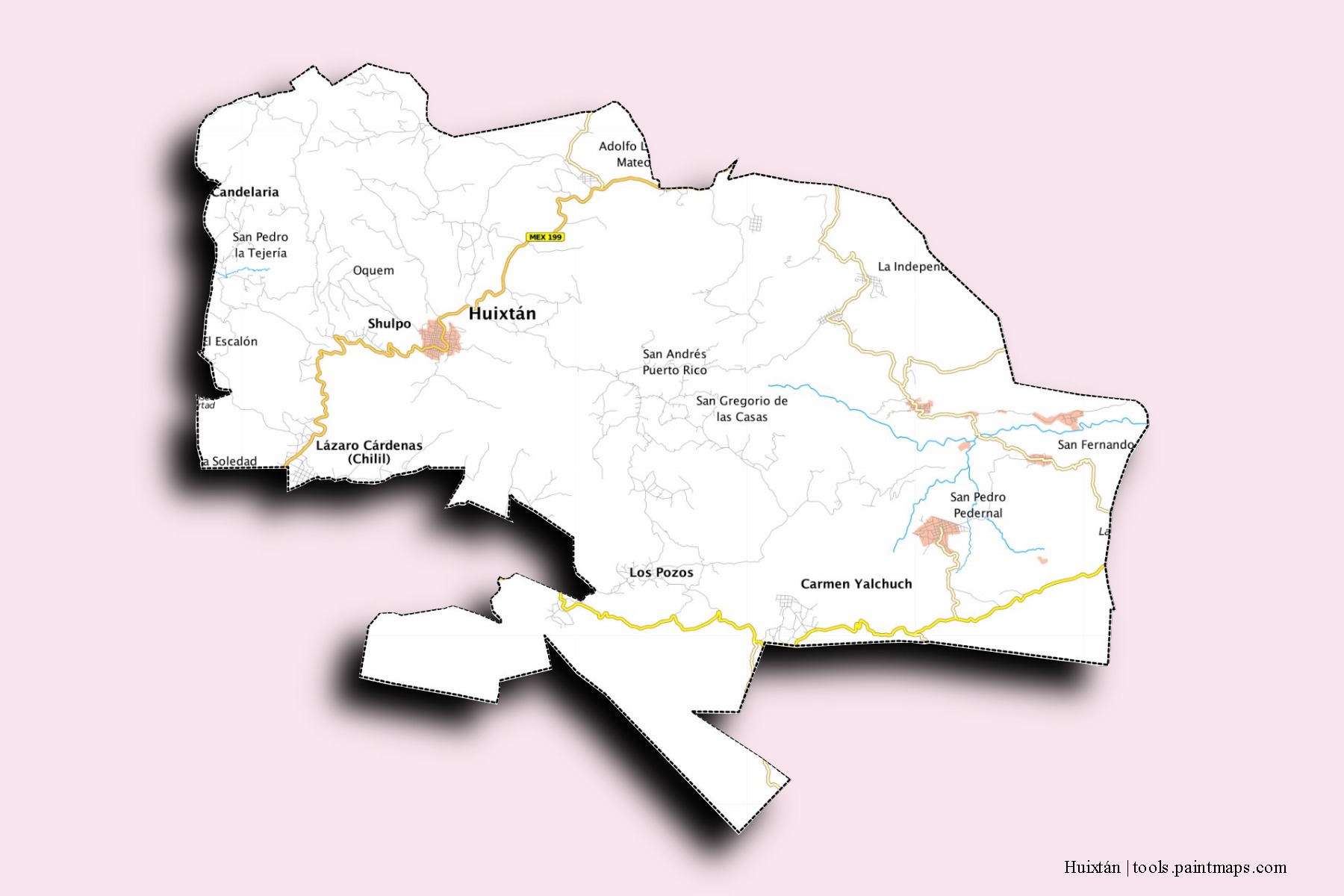 3D gölge efektli Huixtán mahalleleri ve köyleri haritası