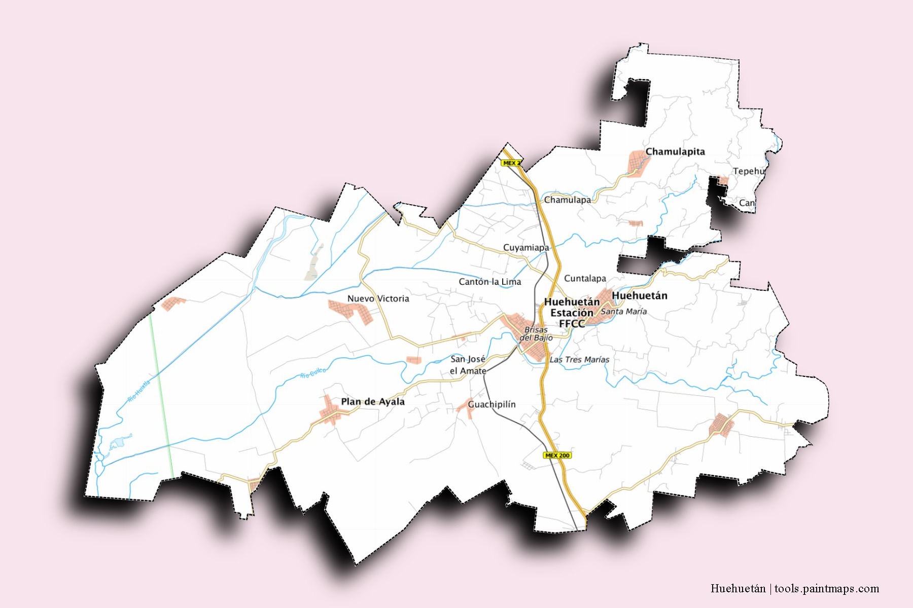 Huehuetán neighborhoods and villages map with 3D shadow effect