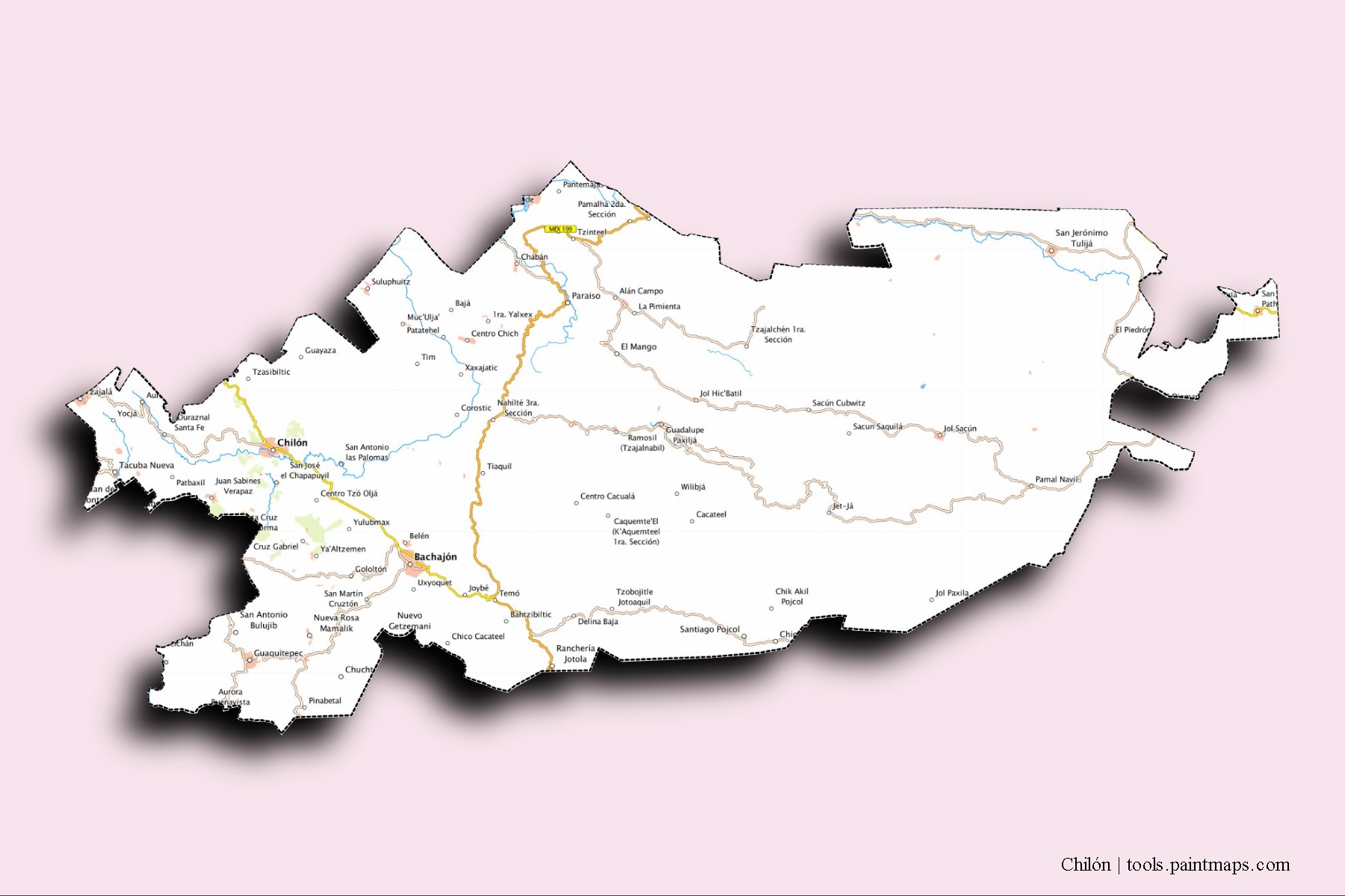 Mapa de barrios y pueblos de Chilón con efecto de sombra 3D