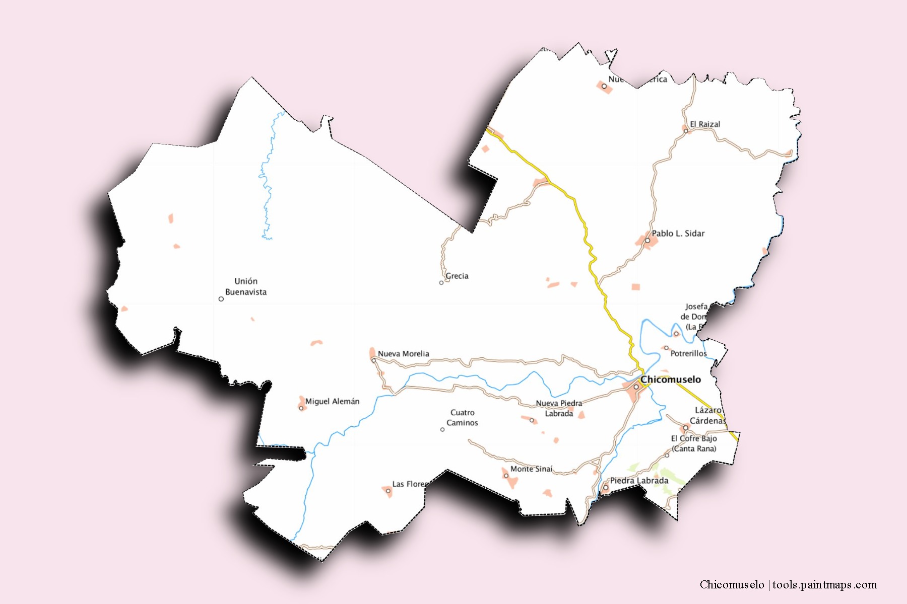 Chicomuselo neighborhoods and villages map with 3D shadow effect