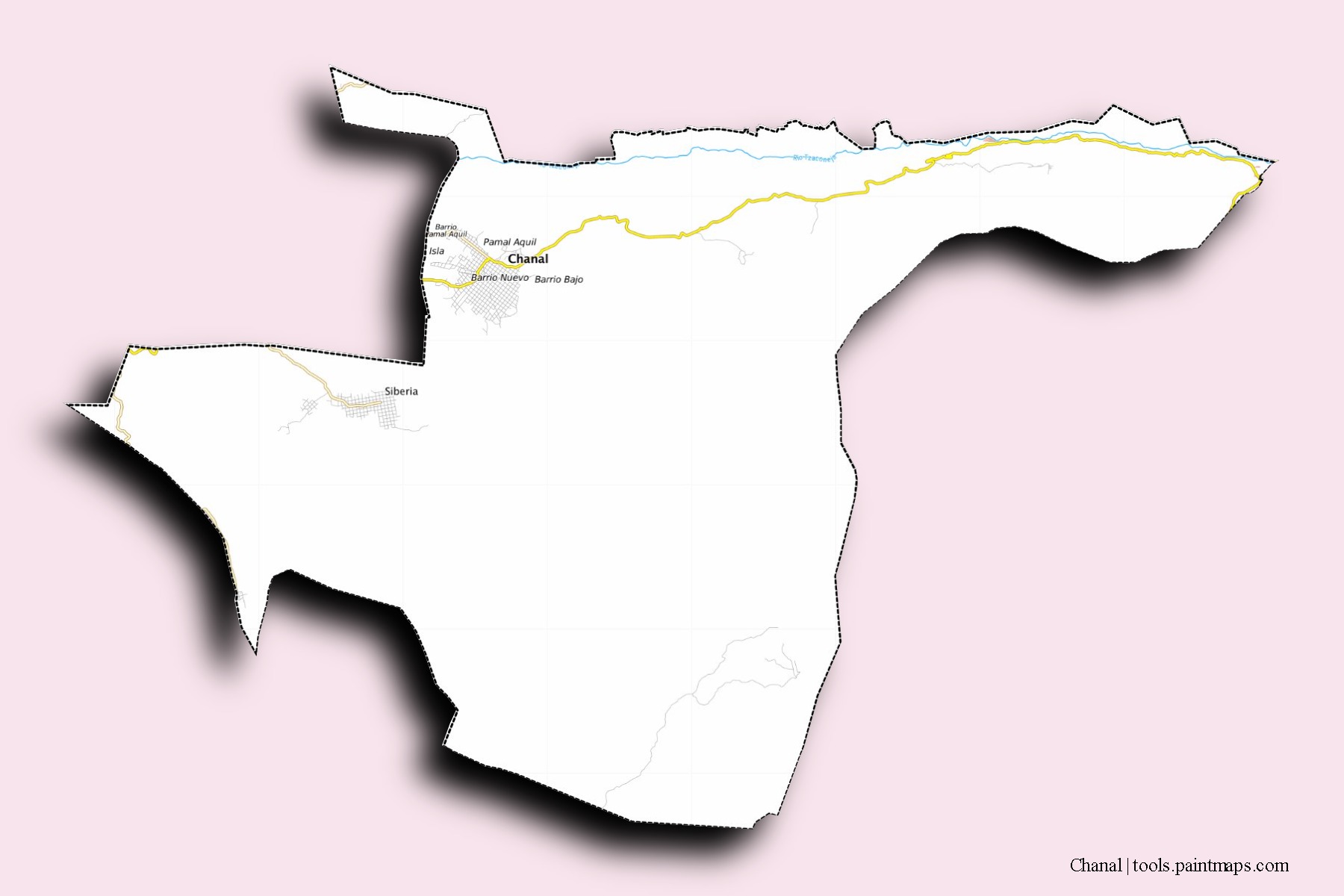 Mapa de barrios y pueblos de Chanal con efecto de sombra 3D