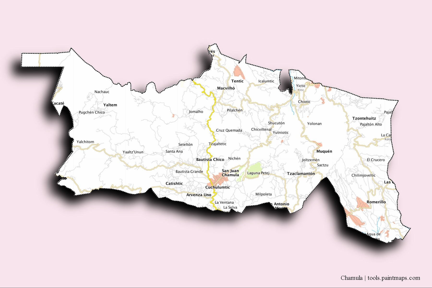 Chamula neighborhoods and villages map with 3D shadow effect