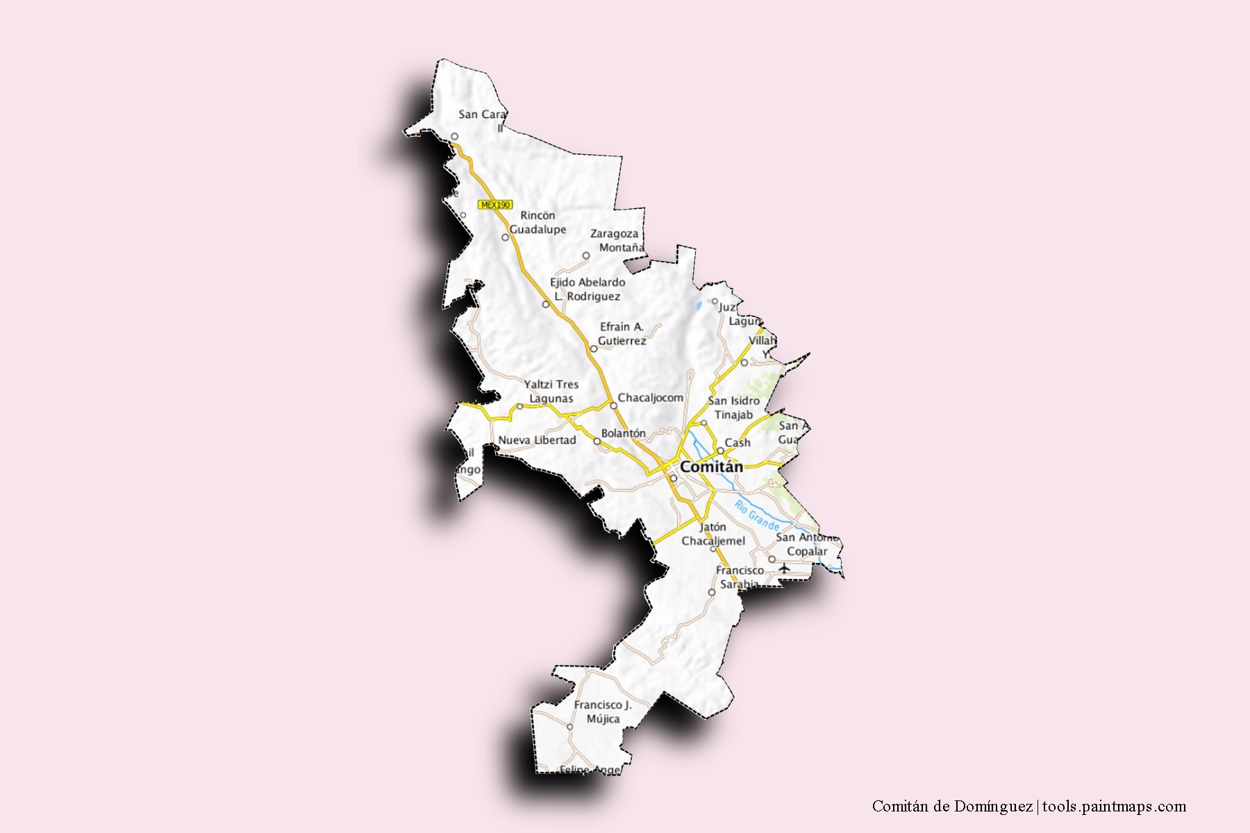 Comitán de Domínguez neighborhoods and villages map with 3D shadow effect