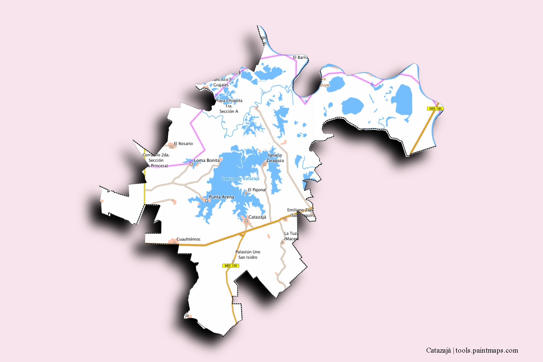 Catazajá neighborhoods and villages map with 3D shadow effect