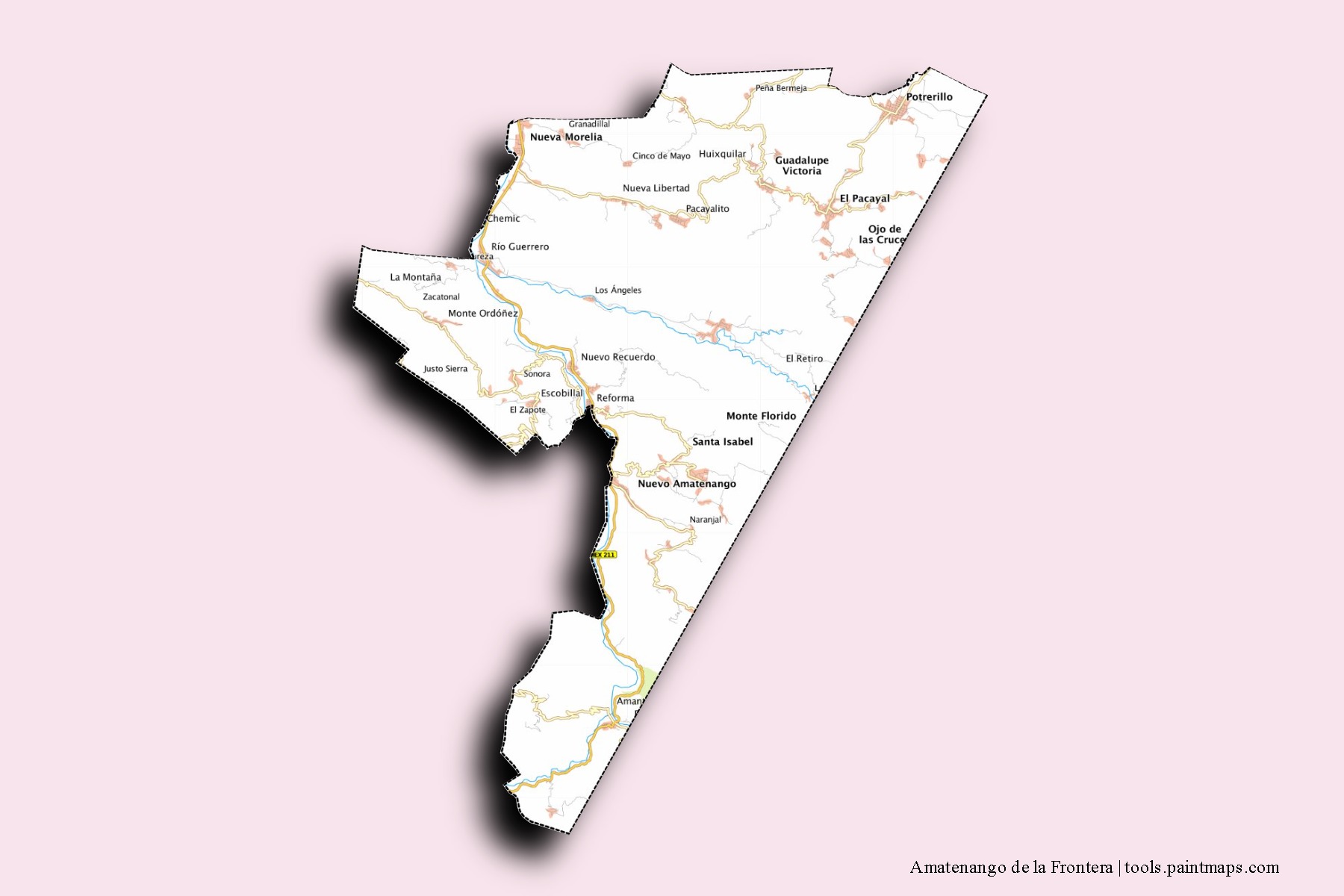 Mapa de barrios y pueblos de Amatenango de la Frontera con efecto de sombra 3D