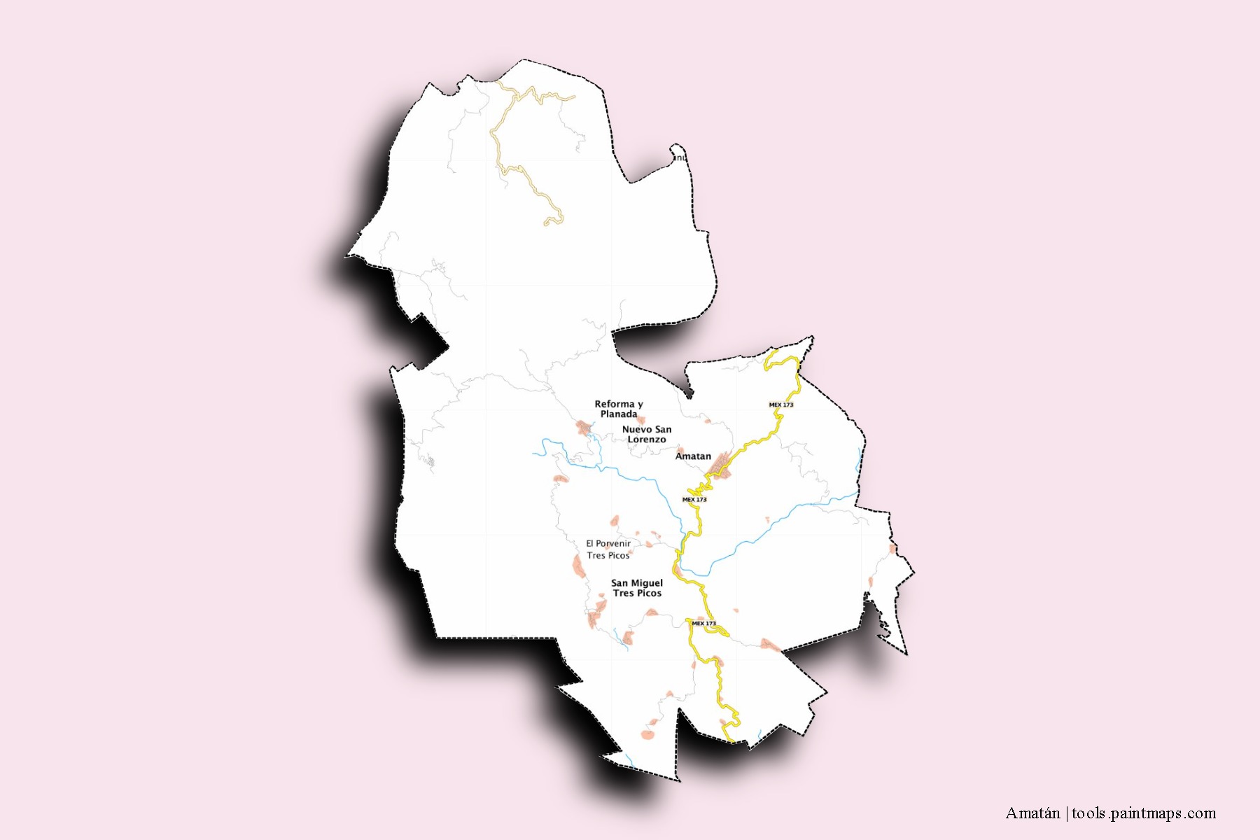 Amatán neighborhoods and villages map with 3D shadow effect