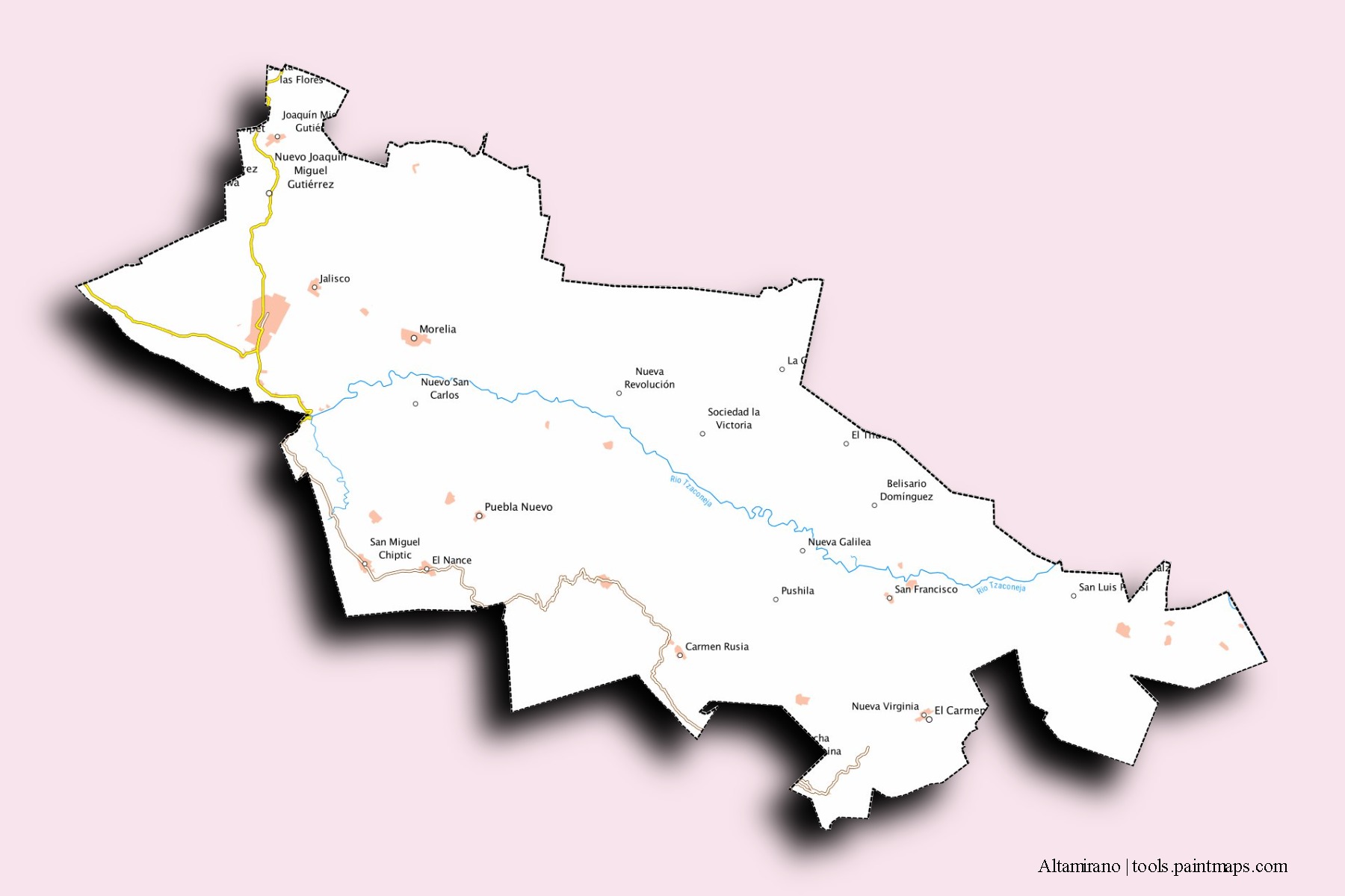 Altamirano neighborhoods and villages map with 3D shadow effect