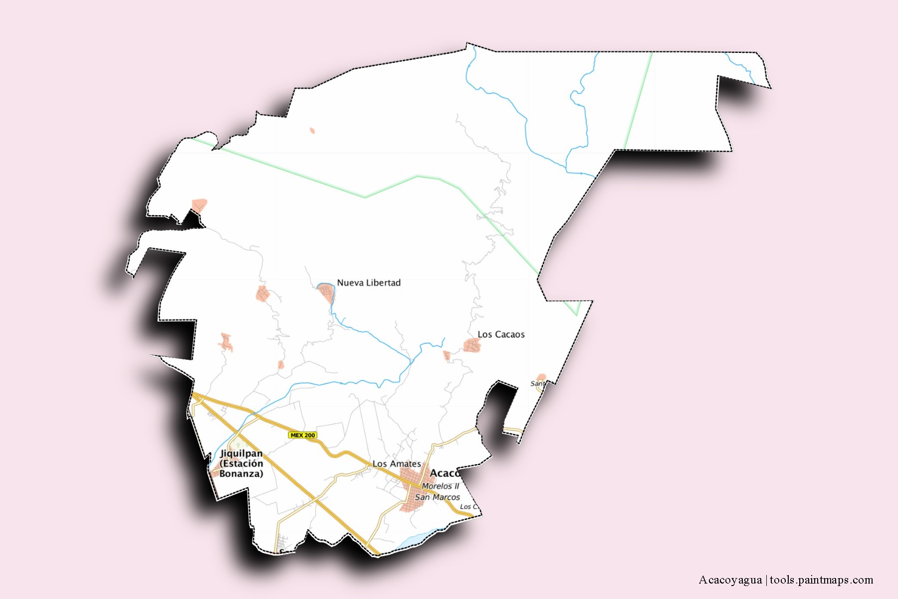 Acacoyagua neighborhoods and villages map with 3D shadow effect