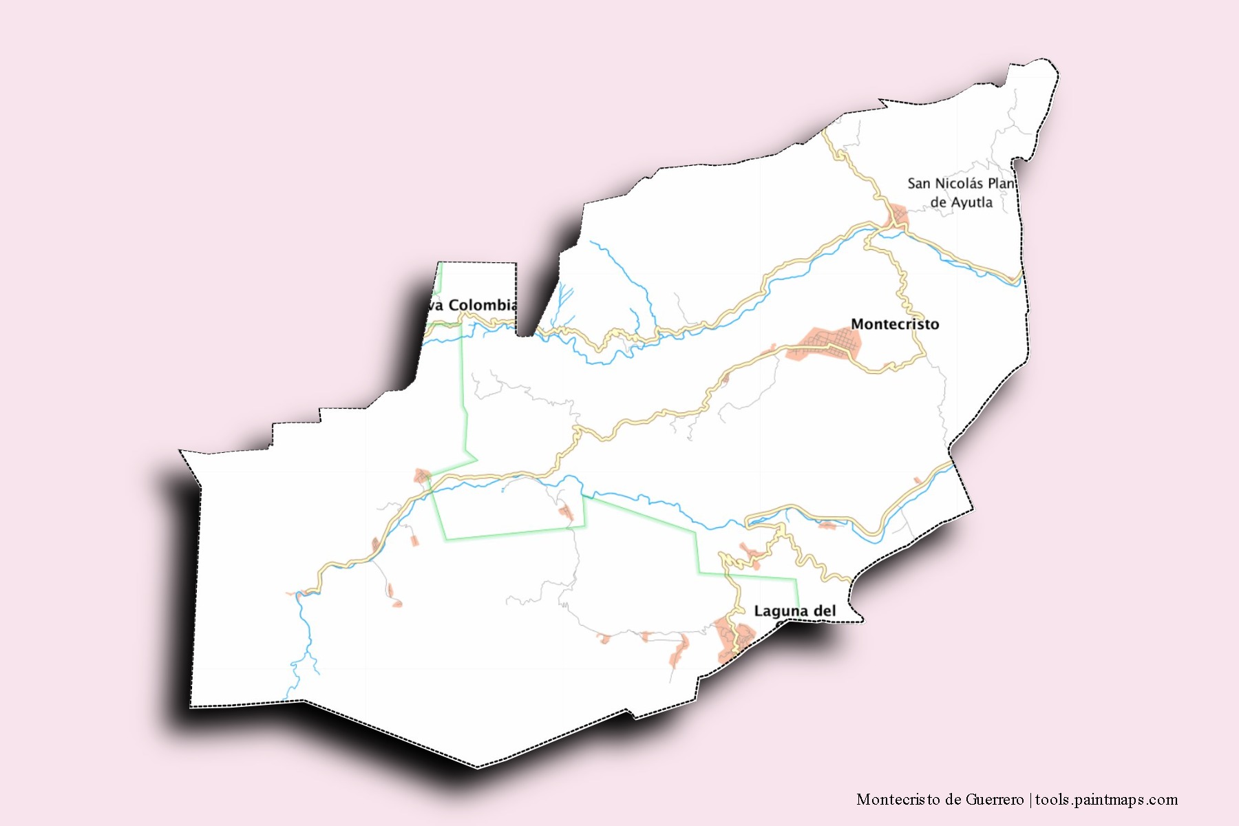 Mapa de barrios y pueblos de Montecristo de Guerrero con efecto de sombra 3D