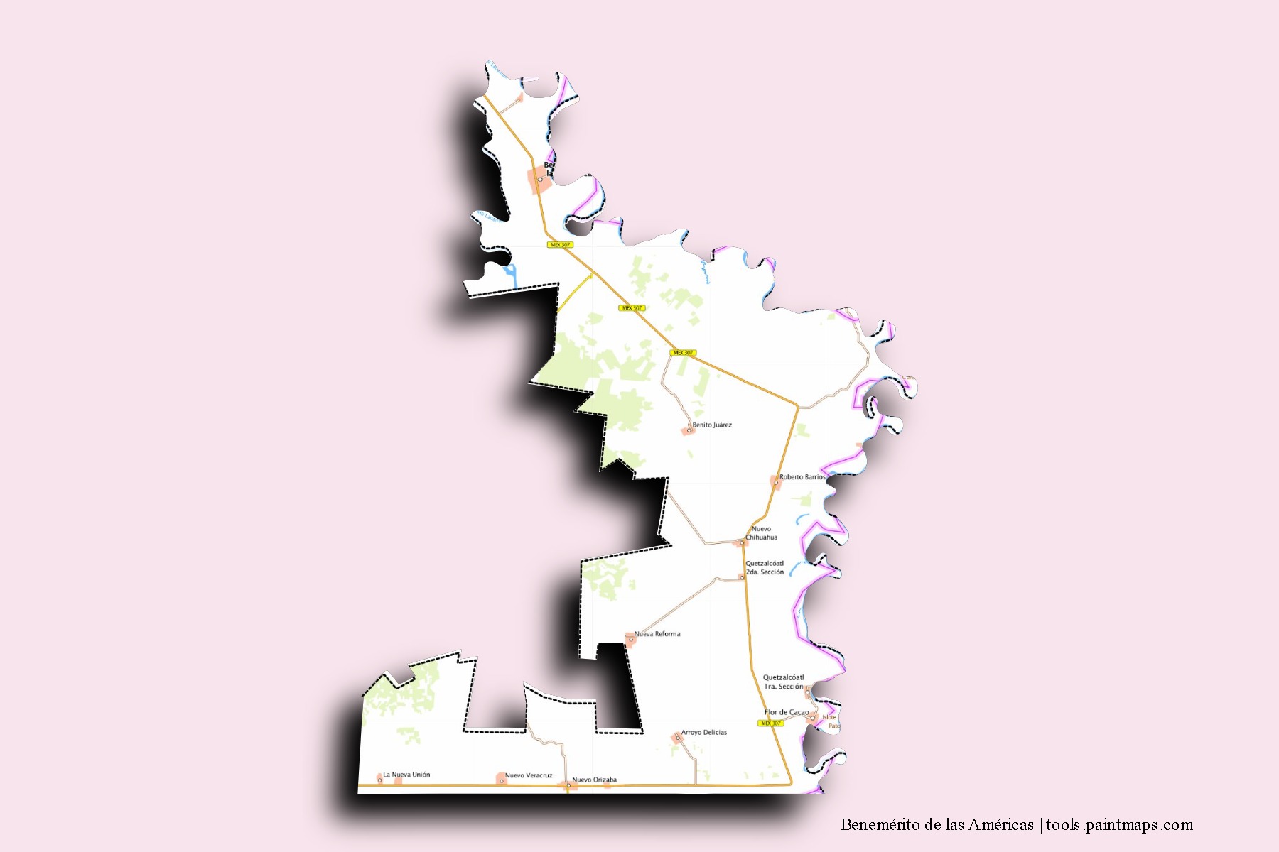 3D gölge efektli Benemérito de las Américas mahalleleri ve köyleri haritası