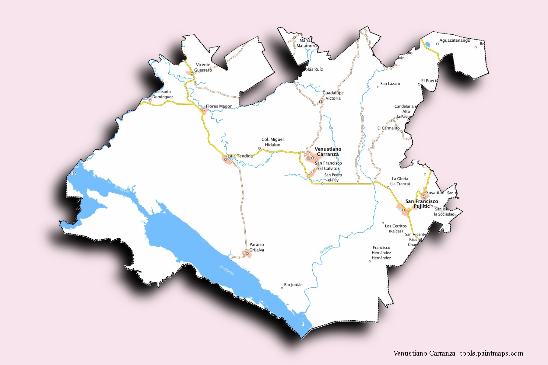 Mapa de barrios y pueblos de Venustiano Carranza con efecto de sombra 3D