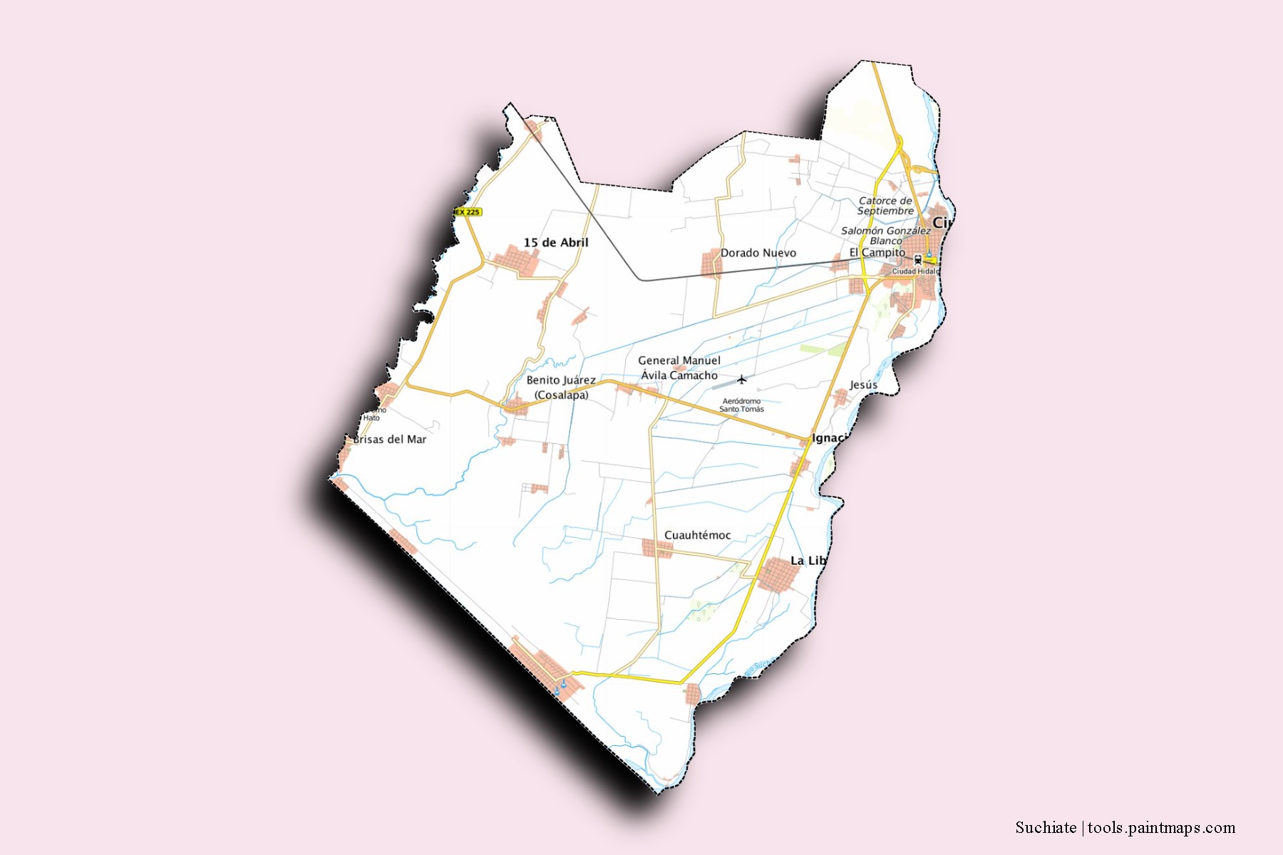 Mapa de barrios y pueblos de Suchiate con efecto de sombra 3D