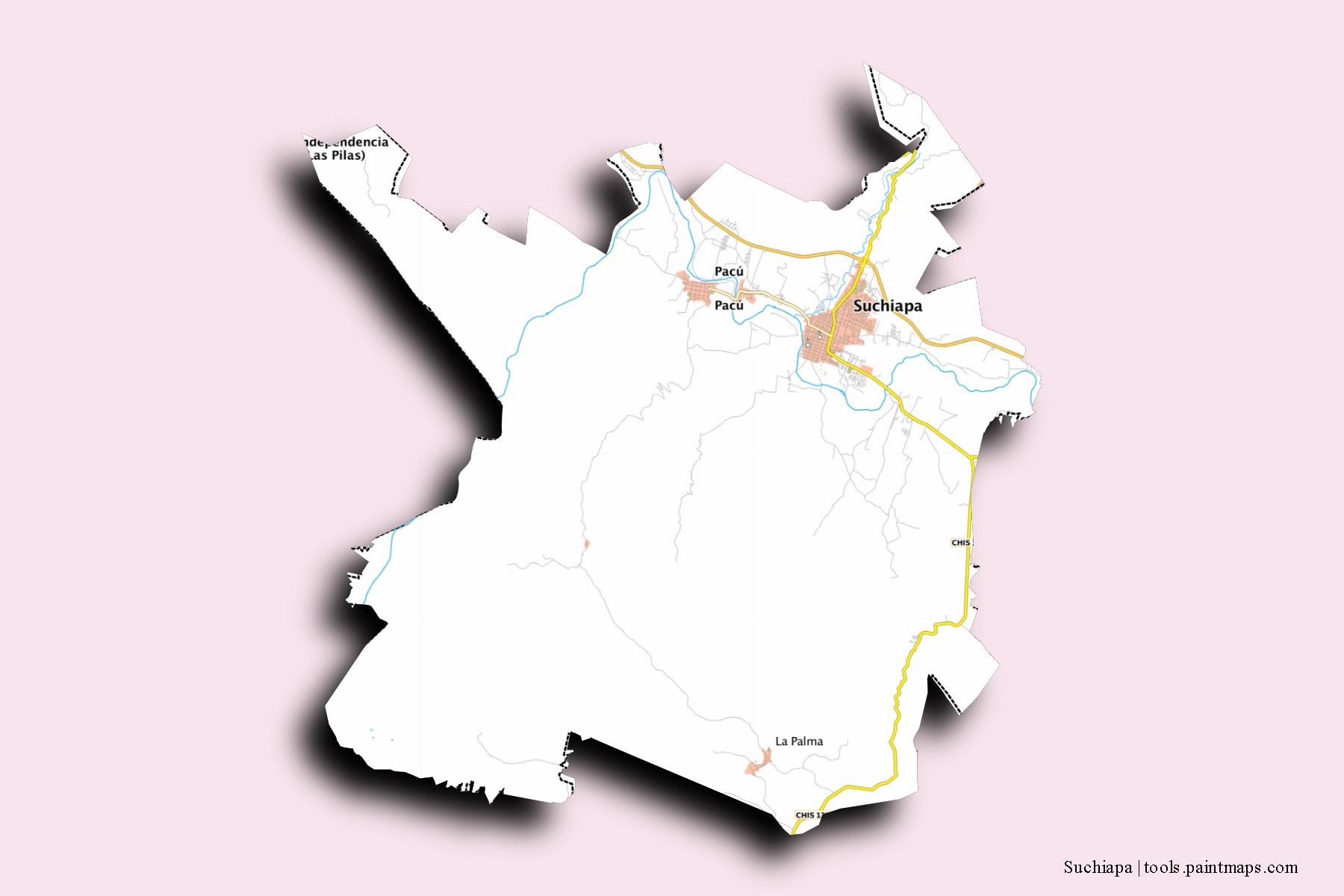 Suchiapa neighborhoods and villages map with 3D shadow effect