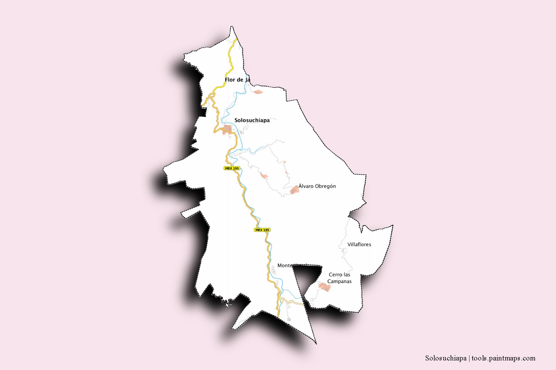 Mapa de barrios y pueblos de Solosuchiapa con efecto de sombra 3D