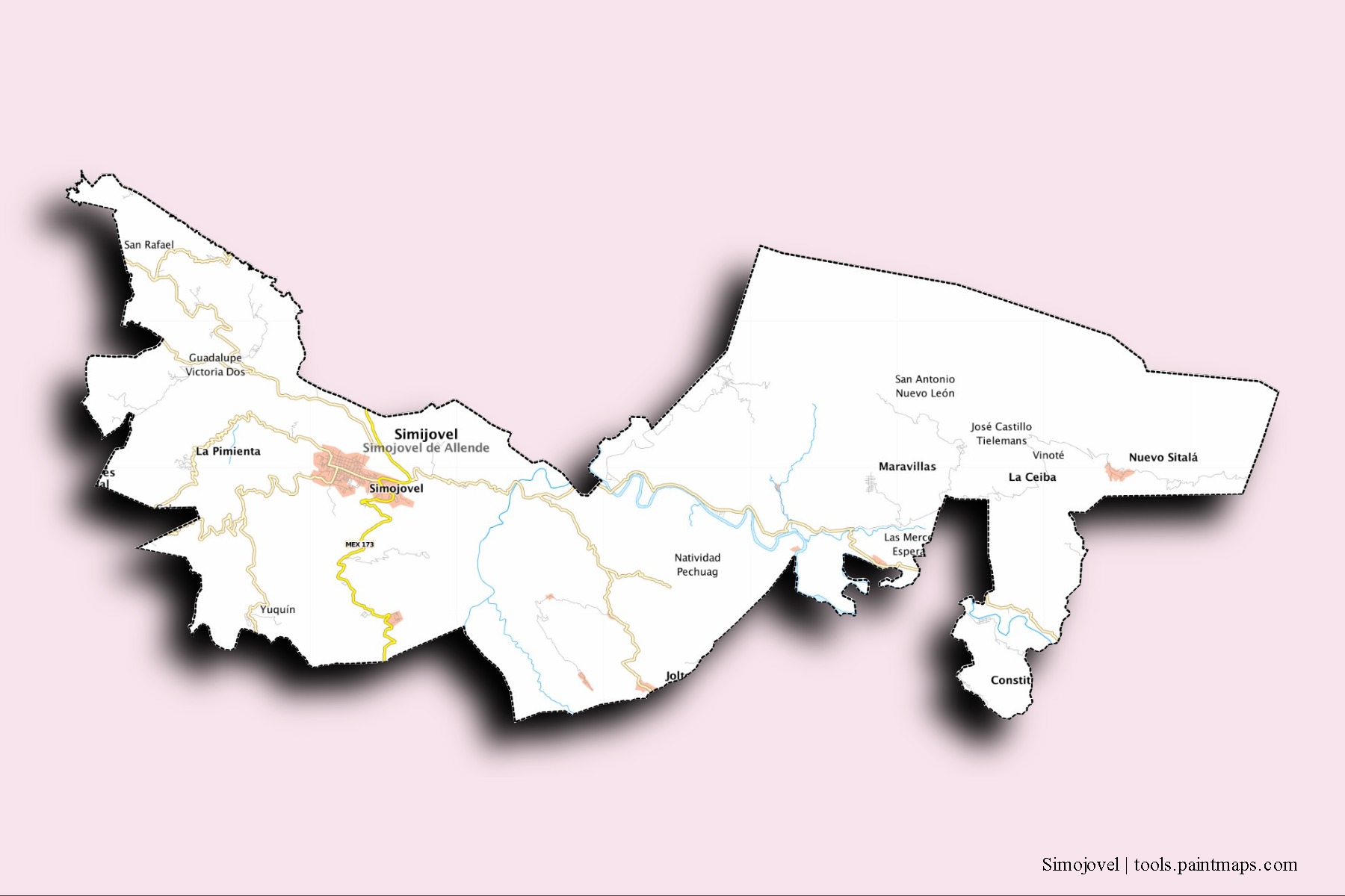 Simojovel neighborhoods and villages map with 3D shadow effect