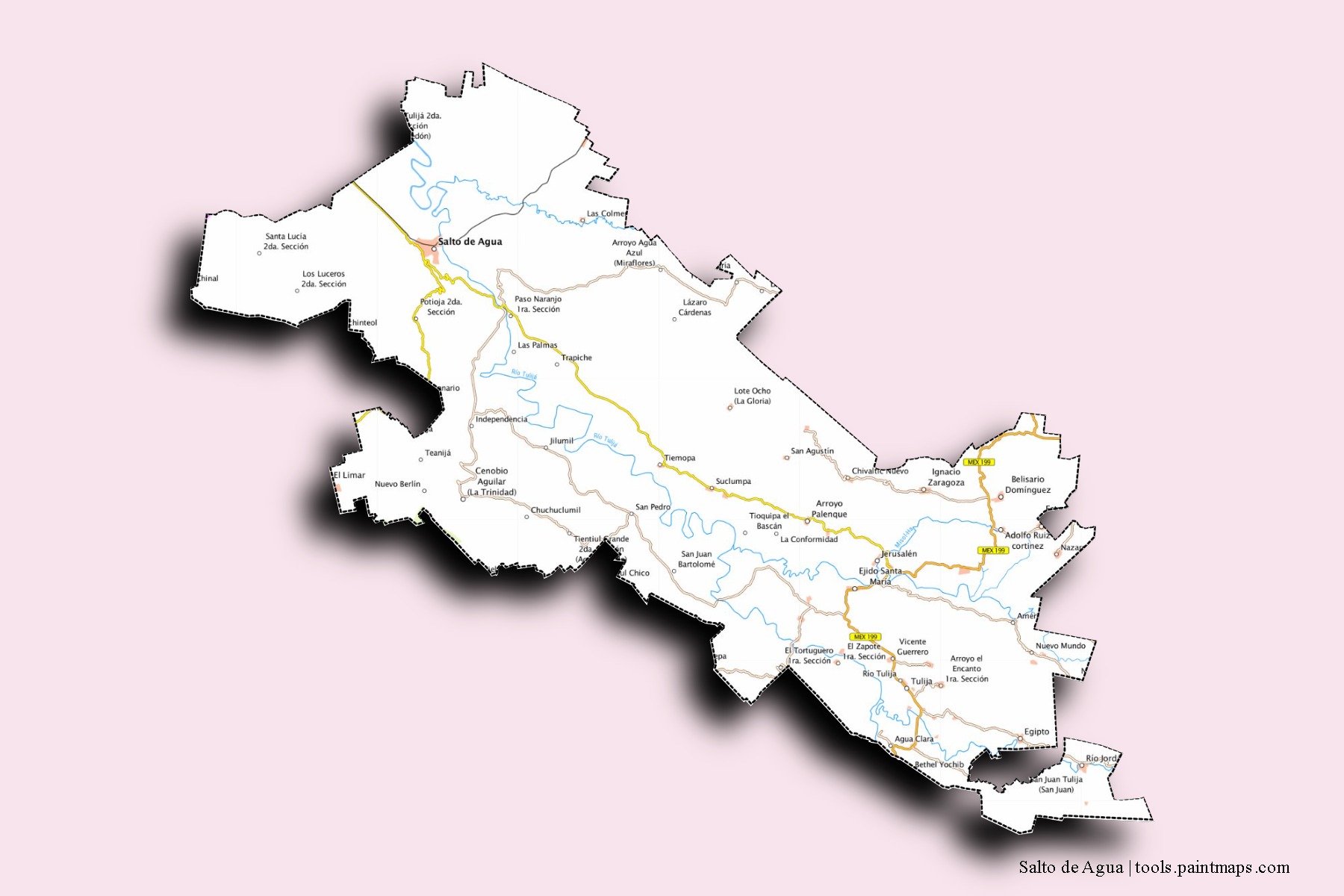 Mapa de barrios y pueblos de Salto de Agua con efecto de sombra 3D