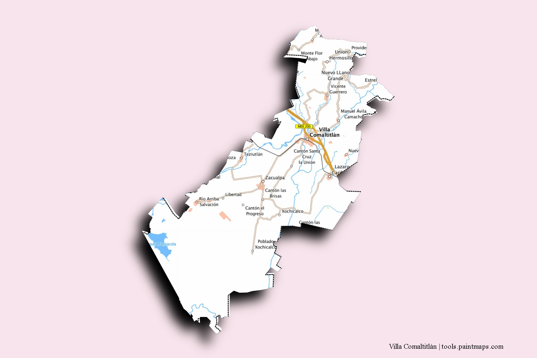 Mapa de barrios y pueblos de Villa Comaltitlán con efecto de sombra 3D