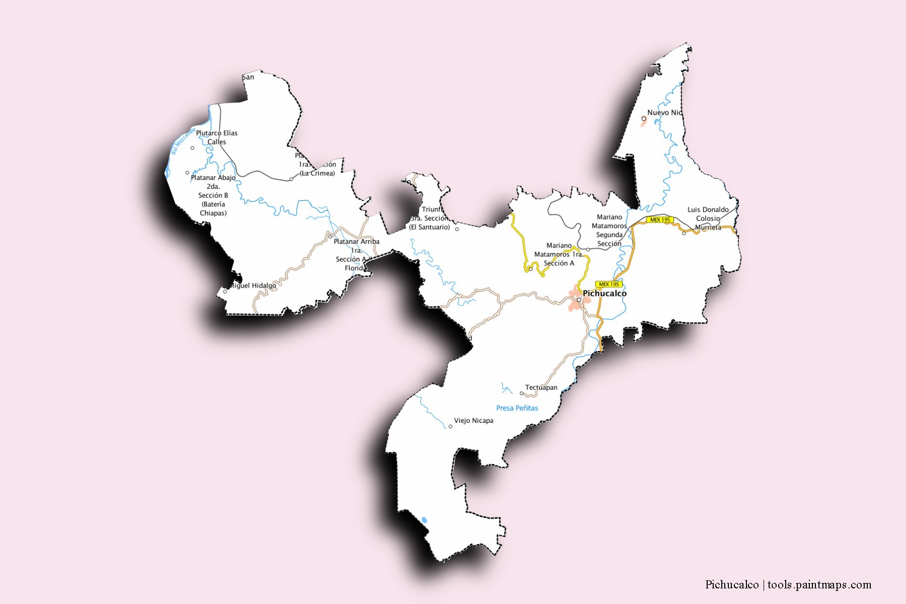 Mapa de barrios y pueblos de Pichucalco con efecto de sombra 3D