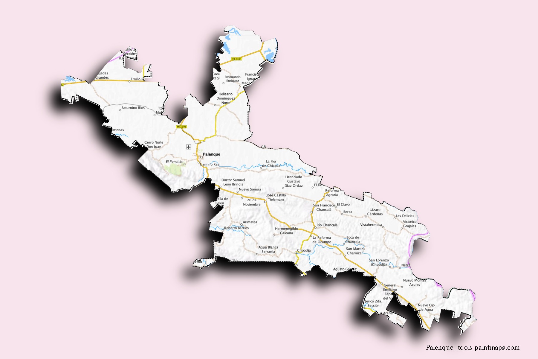 Mapa de barrios y pueblos de Palenque con efecto de sombra 3D