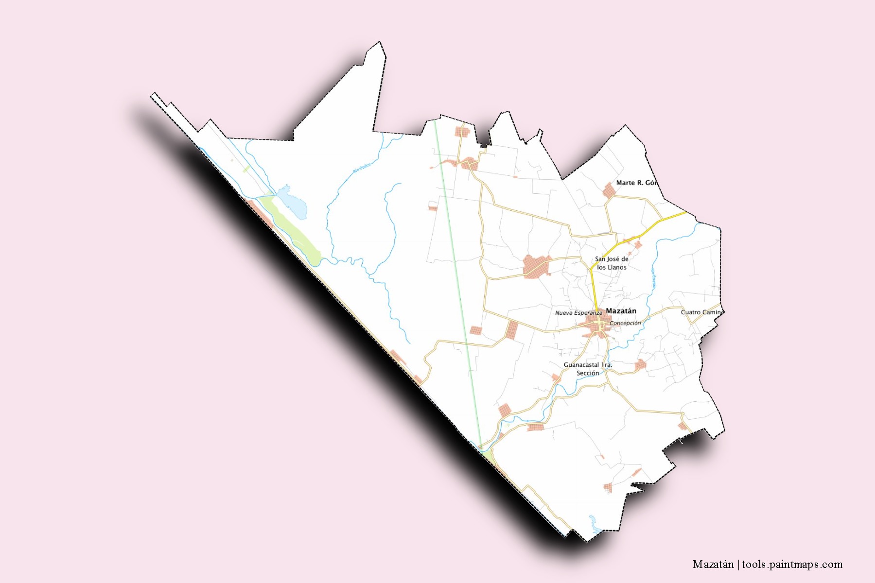 Mazatán neighborhoods and villages map with 3D shadow effect